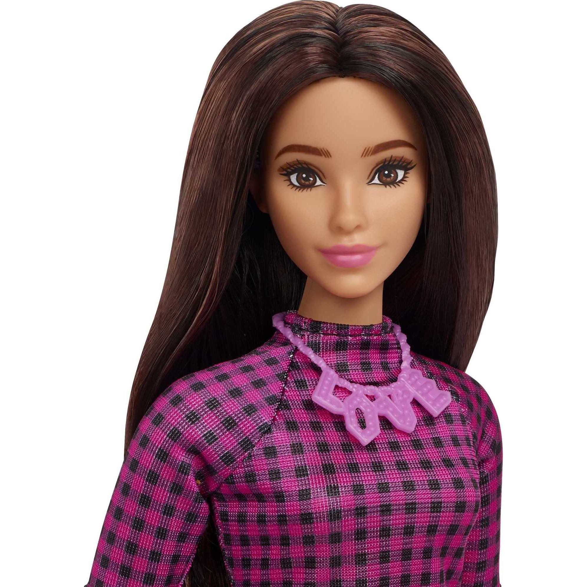 Barbie Fashionistas Doll 188 With Curvy Shape, Black Hair, Checkered Dress, Pink Sneakers & Necklace Accessory