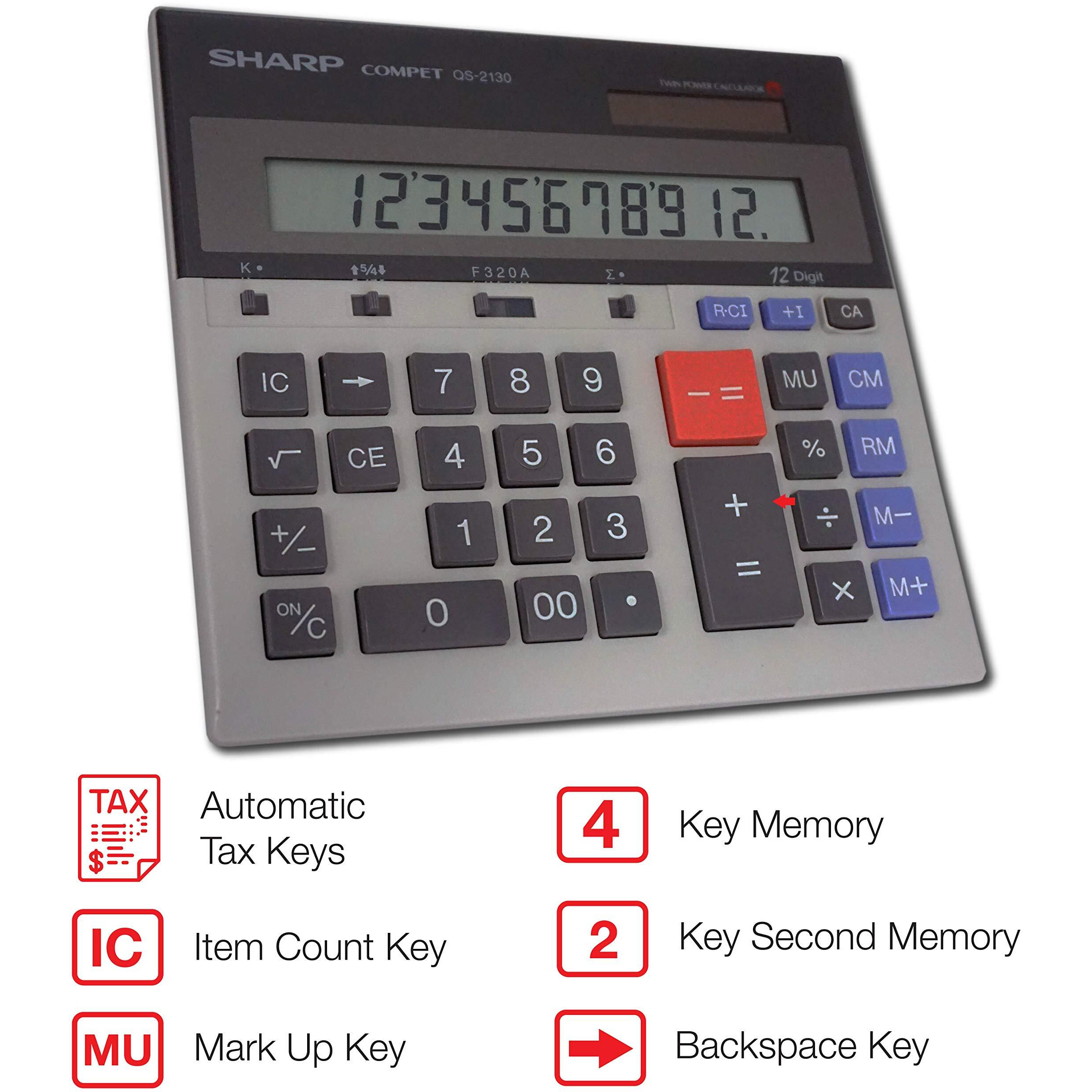 Sharp Qs-2130 12-Digit Commercial Desktop Calculator With Kickstand, Arithmetic Logic, Battery And Solar Hybrid Powered Lcd Display, Great For Home And Office Use,Gray And Black Small