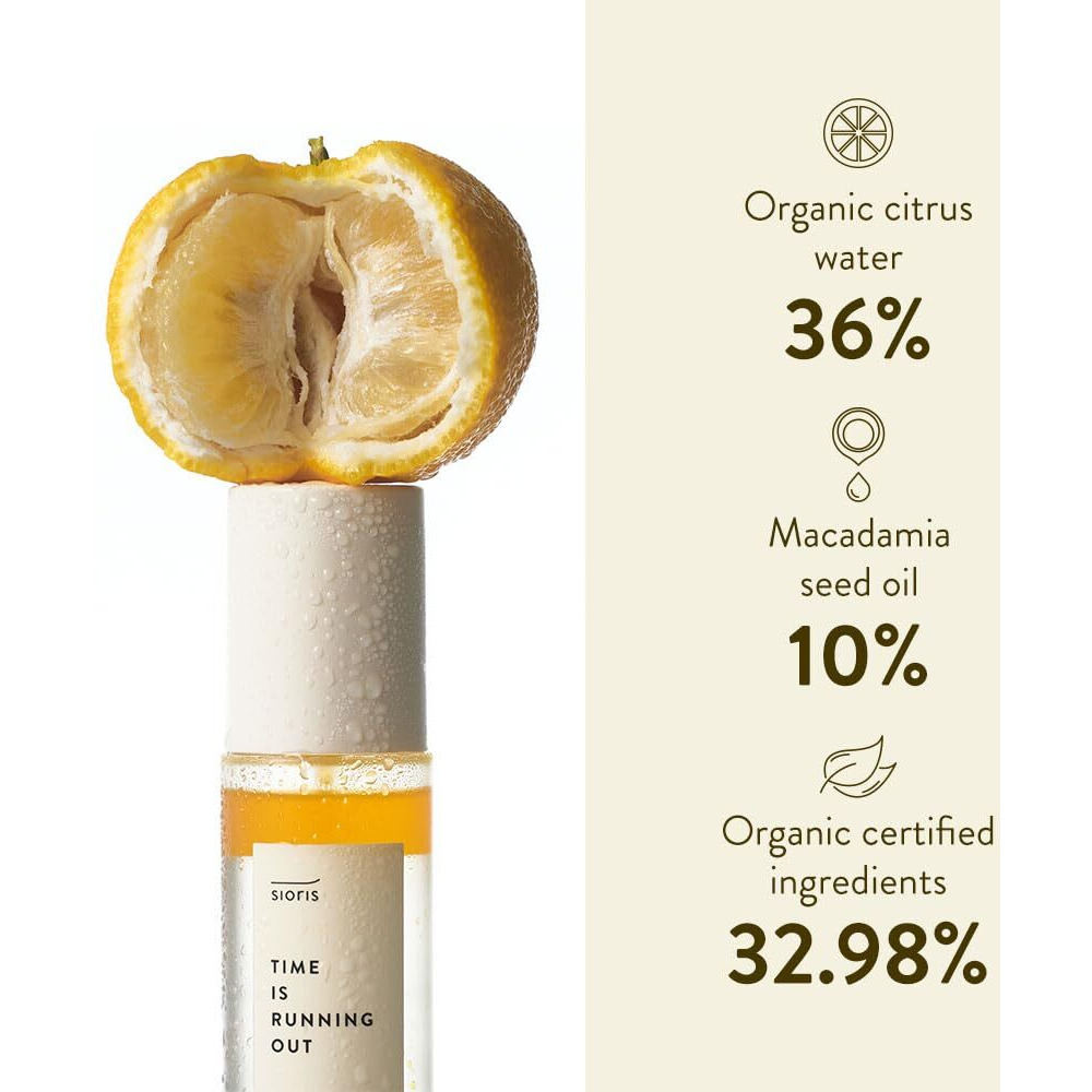 Sioris Time Is Running Out Mist 30Ml (Organic, Vegan), Glass Skin Face Mist For Sensitive Skin, Jojoba Oil For Moisture Lock, Enriched Citrus Water Rejuvenates Glass Veil Finish