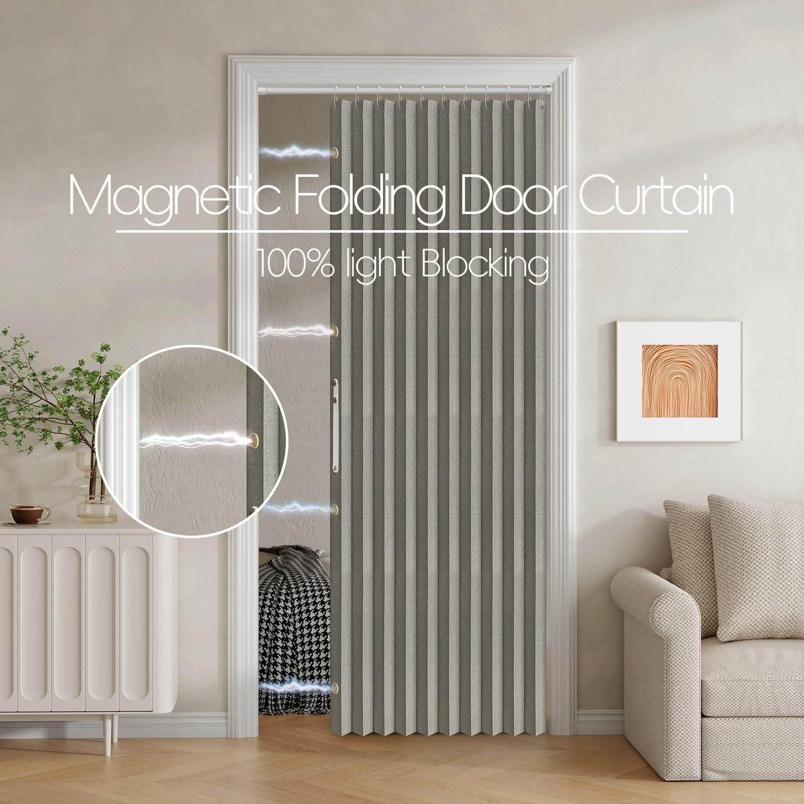Jilron 100% Blackout Fabric Folding Door Curtain With Magnetic Closure - Accordion Style For Sliding Doors, Closets,Wardrobe And Temporary Door Solutions Doorway Curtains(W42 X L78, Grey 1 Panel)