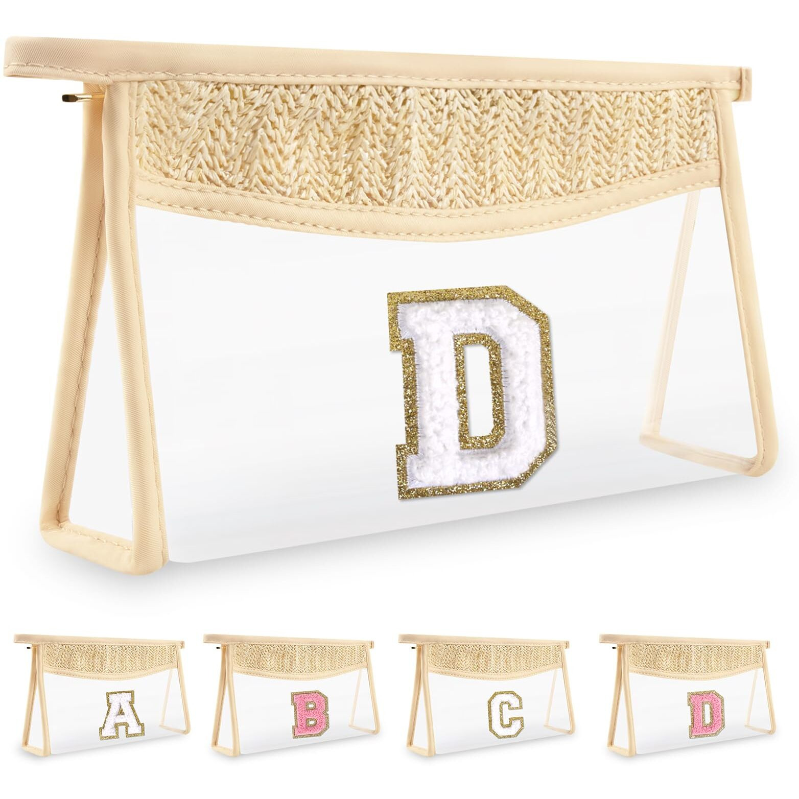 Uixizq Personalized Initial Letter Bag Boho Straw Clear Makeup Bag,Small Cute Chenille Varsity Letter Bag With Zipper,Beach Travel Toiletry Bag,Portable Monogrammed Cosmetic Bag For Women Girls,D