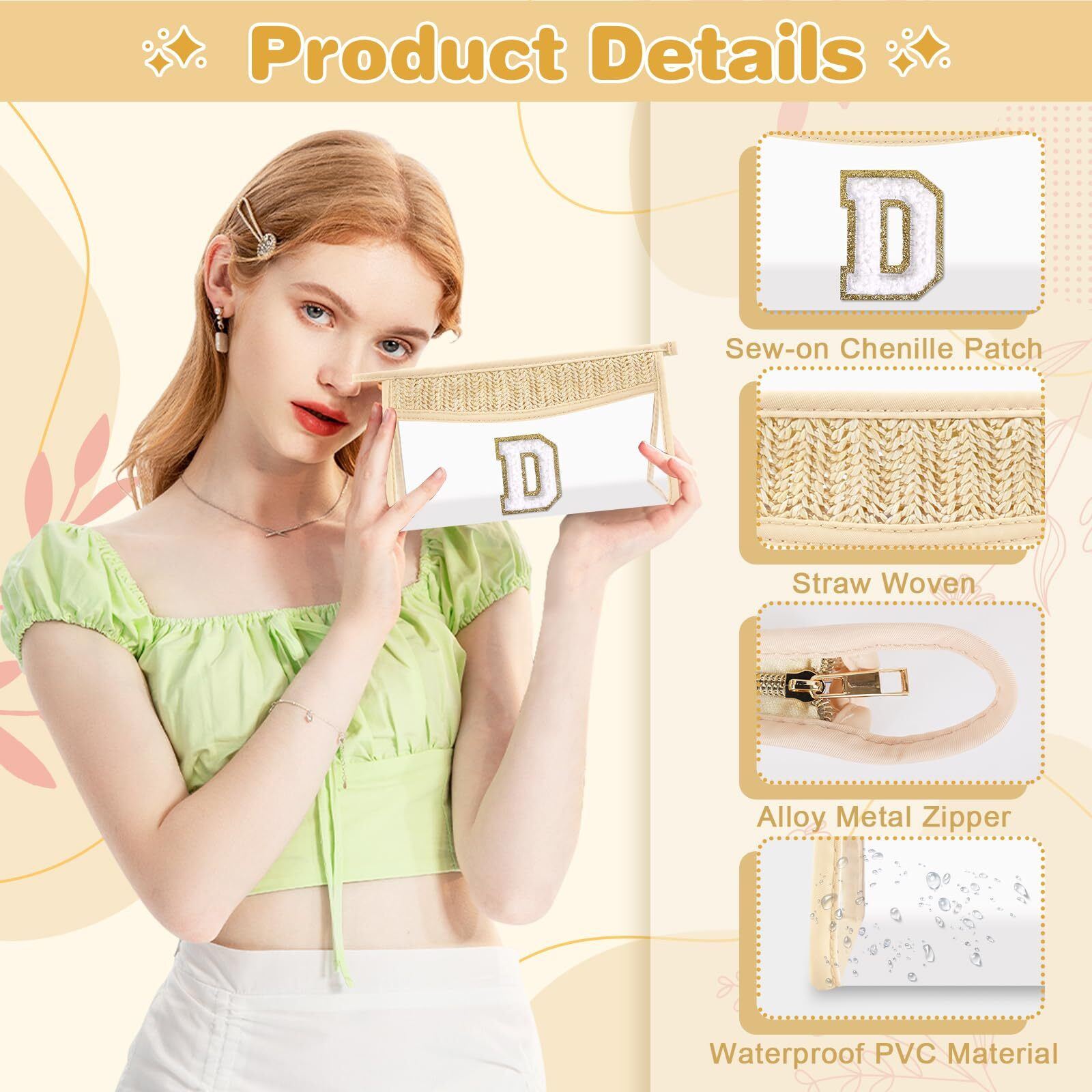 Uixizq Personalized Initial Letter Bag Boho Straw Clear Makeup Bag,Small Cute Chenille Varsity Letter Bag With Zipper,Beach Travel Toiletry Bag,Portable Monogrammed Cosmetic Bag For Women Girls,D