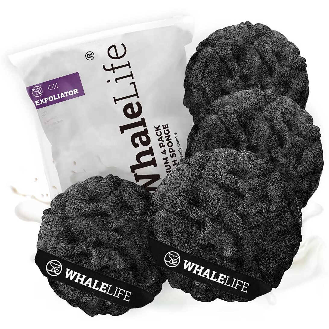 Loofah Sponge Bath Sponge For Women Men 4 Pack (Black Rough Surface)