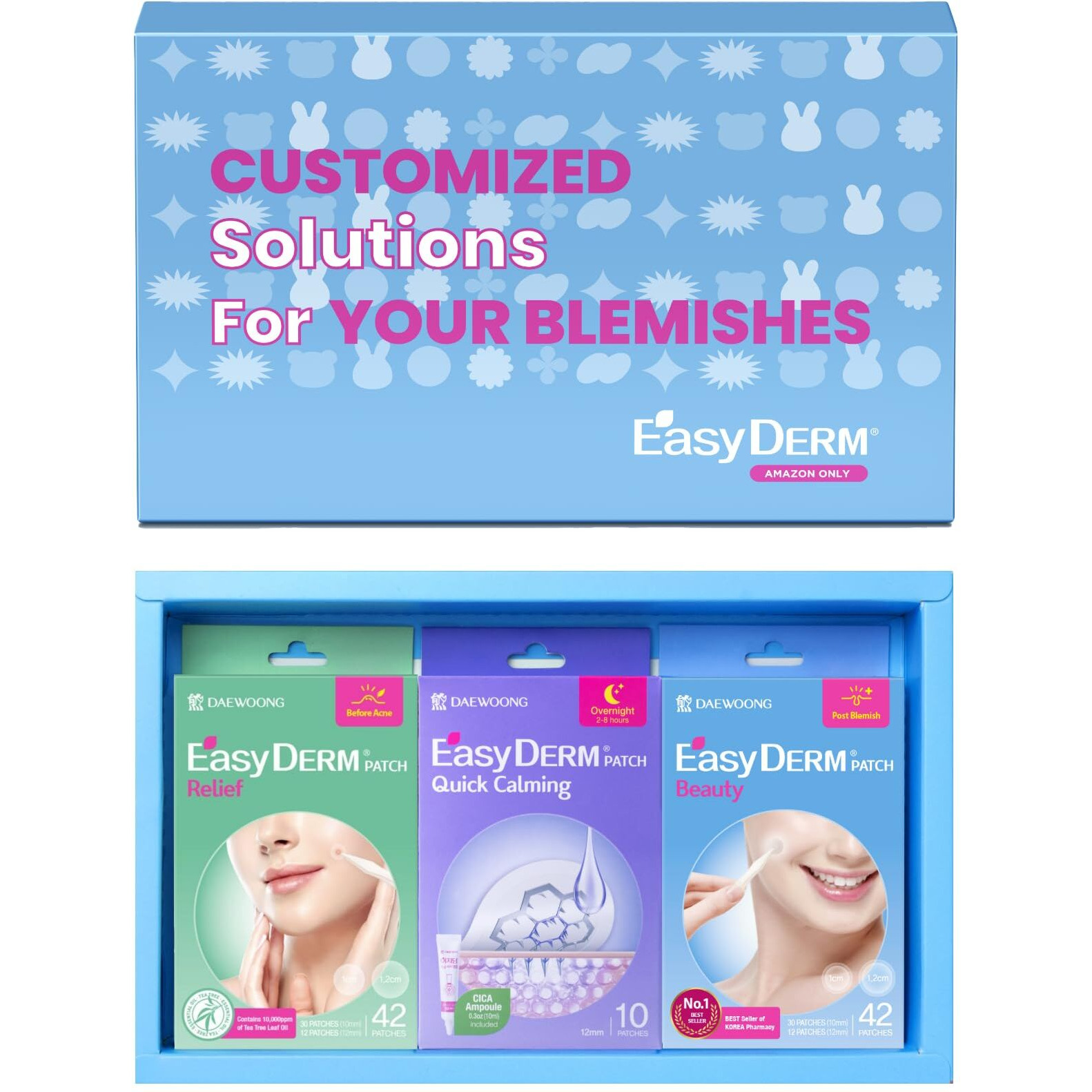 Easyderm 3 Types Of Pimple Patches 3-Type Gift Set, Acne Care Soluution, Korean Spot Patch To Cover ZitsQuick Calming(10Ea) + Relief(42Ea) + Beauty Patches(42Ea) Daewoong Pharmaceutical