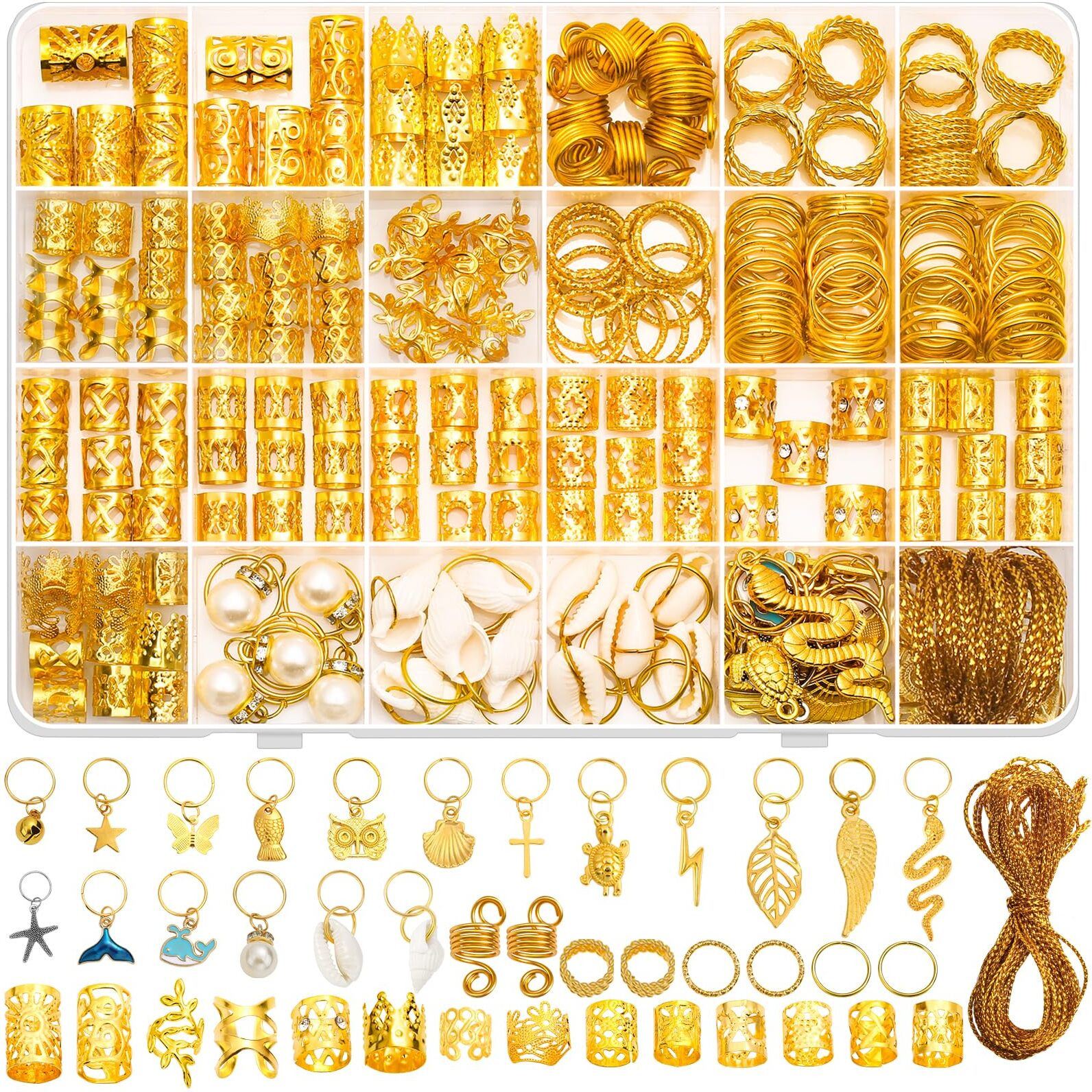 Qinzave 285Pcs Gold Hair Jewelry For Braids, Gold Dreadlock Jewelry Accessories Braid Jewelry With Gold Pendants, Loc Jewelry For Hair Dreadlocks Gold Rings Cuff Clips Charms For Braid Decoration
