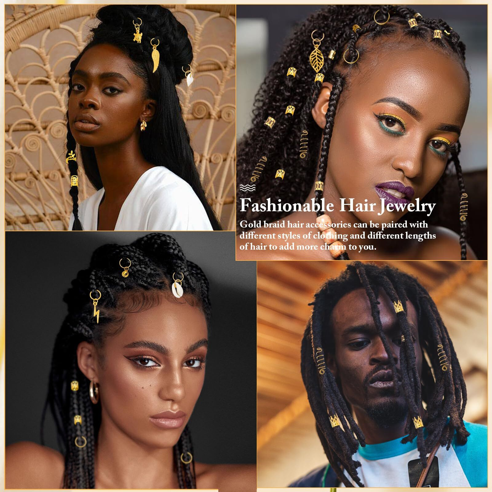Qinzave 285Pcs Gold Hair Jewelry For Braids, Gold Dreadlock Jewelry Accessories Braid Jewelry With Gold Pendants, Loc Jewelry For Hair Dreadlocks Gold Rings Cuff Clips Charms For Braid Decoration
