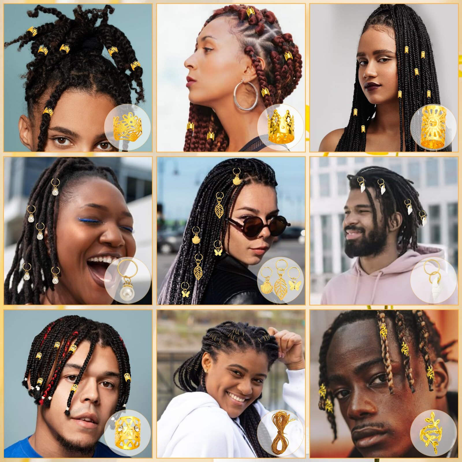 Qinzave 285Pcs Gold Hair Jewelry For Braids, Gold Dreadlock Jewelry Accessories Braid Jewelry With Gold Pendants, Loc Jewelry For Hair Dreadlocks Gold Rings Cuff Clips Charms For Braid Decoration