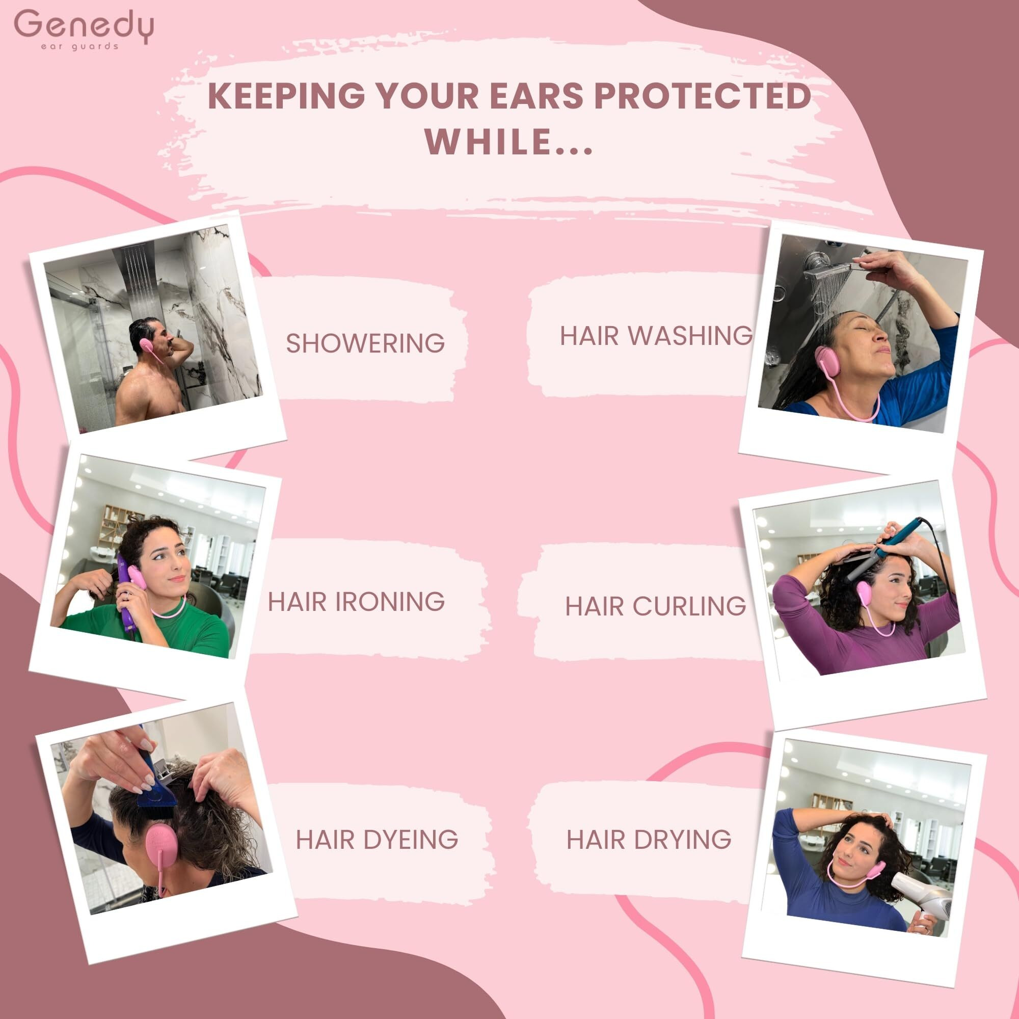 Genedy Ear Covers For Shower, Heat And Hair Dye Protection - Pink - Waterproof Ear Covers For Washing Hair - Reusable Silicone Ear Caps For Hair Dye - Ear Protectors From Heat Styling And Dryer