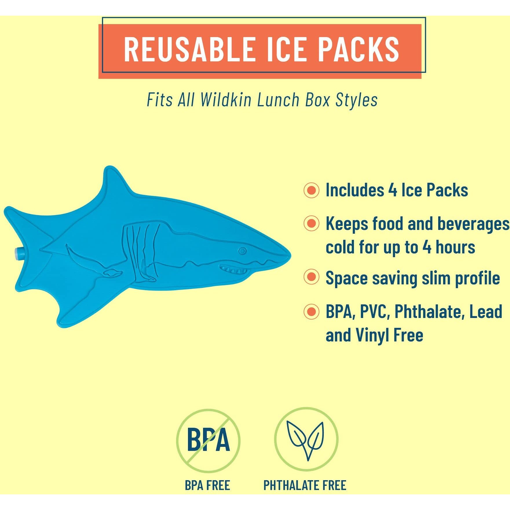 Wildkin Kids Ice Packs (4 Packs) For Boys & Girls, Perfect For Daycare & Preschool Slim & Reusable Ice Packs, Keep Lunches Fresh & Cool For School & Travel, Portable Ice Packs For Kids (Shark)