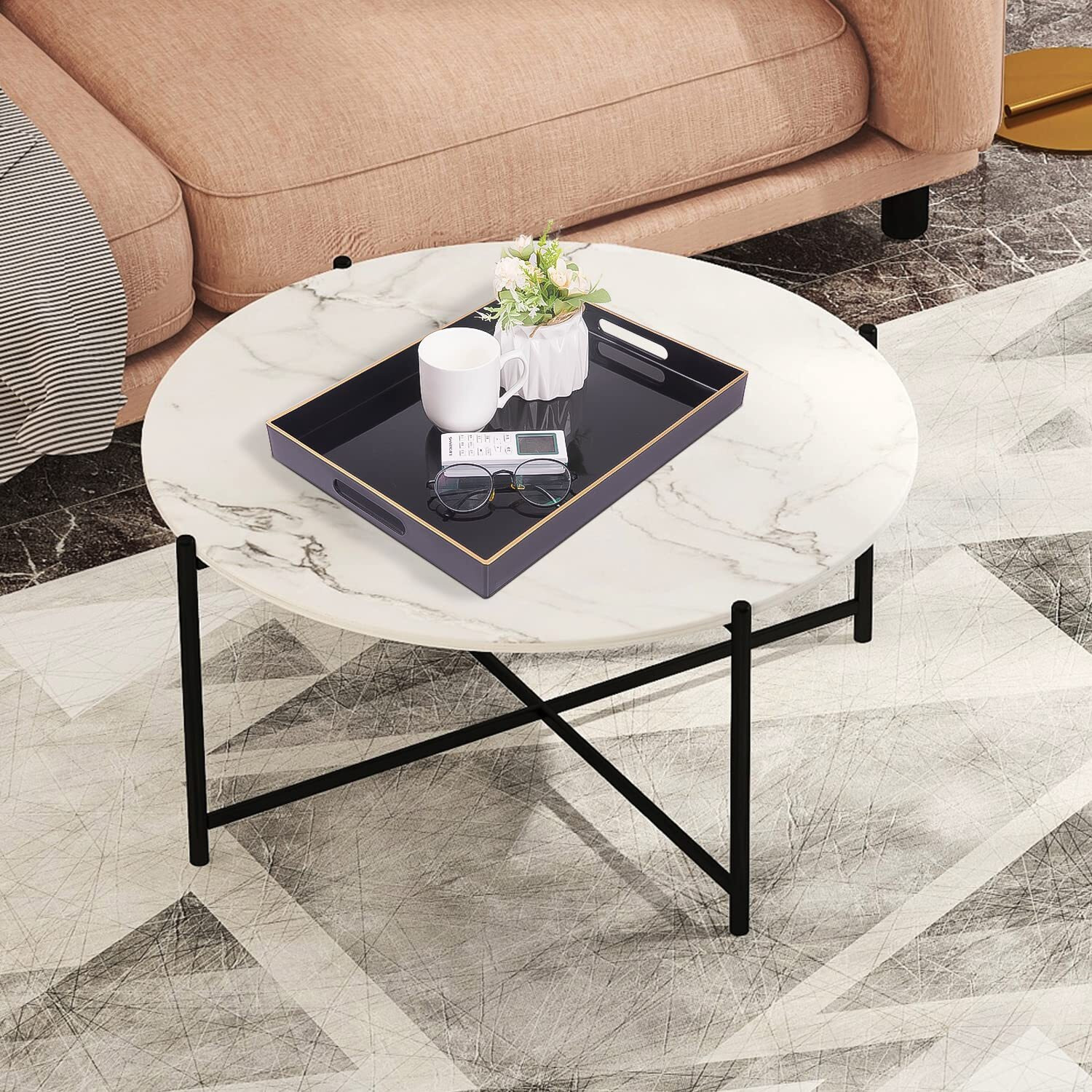 Maoname Black Serving Tray With Handles, Rectangular Decorative Tray, Modern Coffee Table Tray, Plastic Ottoman Tray For Bathroom, Decor, 15.7 X 11.8 X 1.57"