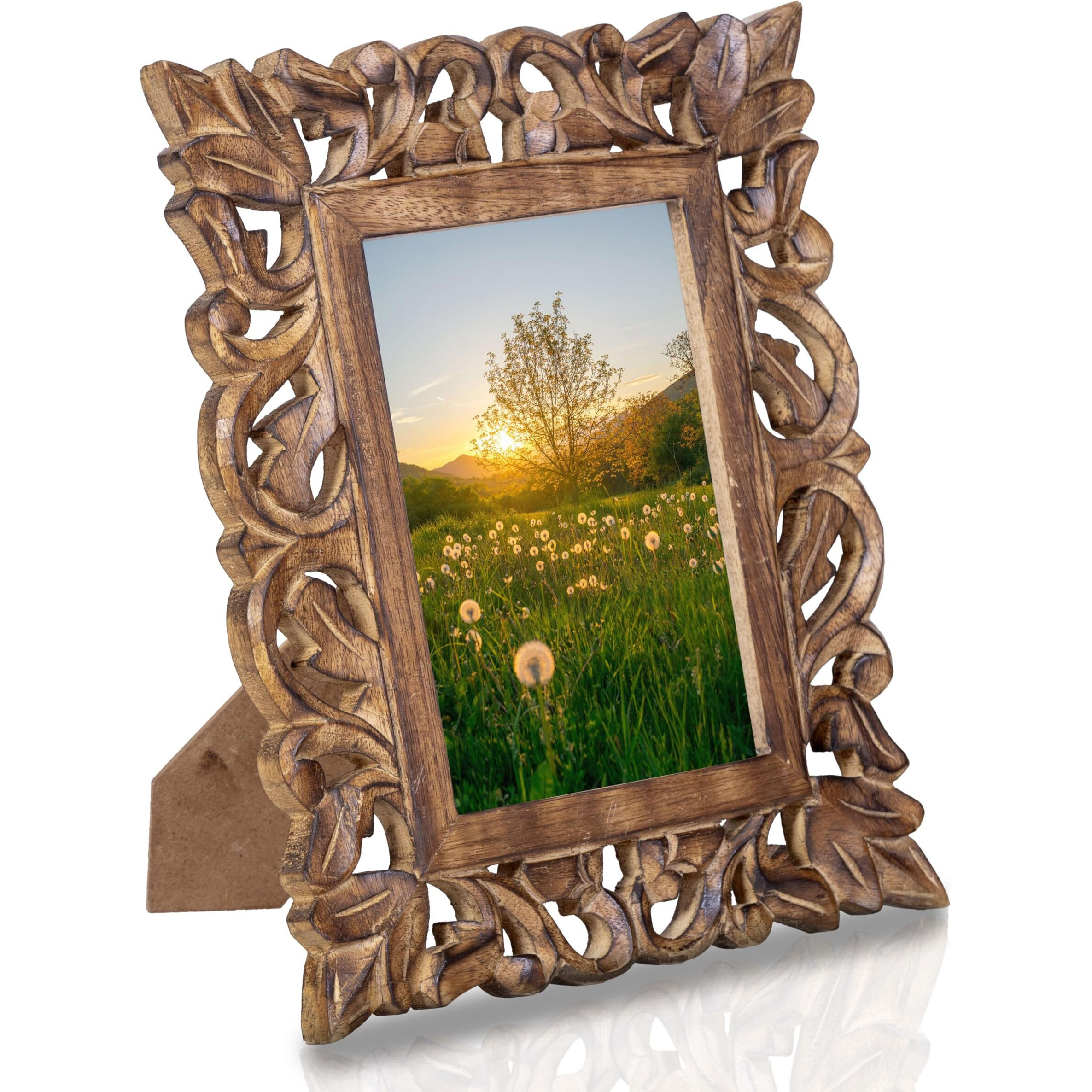 Indostrides Hand Carved Mango Wood Rustic 5X7 Picture Frame With Real Glass - Aesthetic Vintage Wood Frame For Tabletop And Wall Mount Use - Rustic Home Decor Perfect For Your Memories