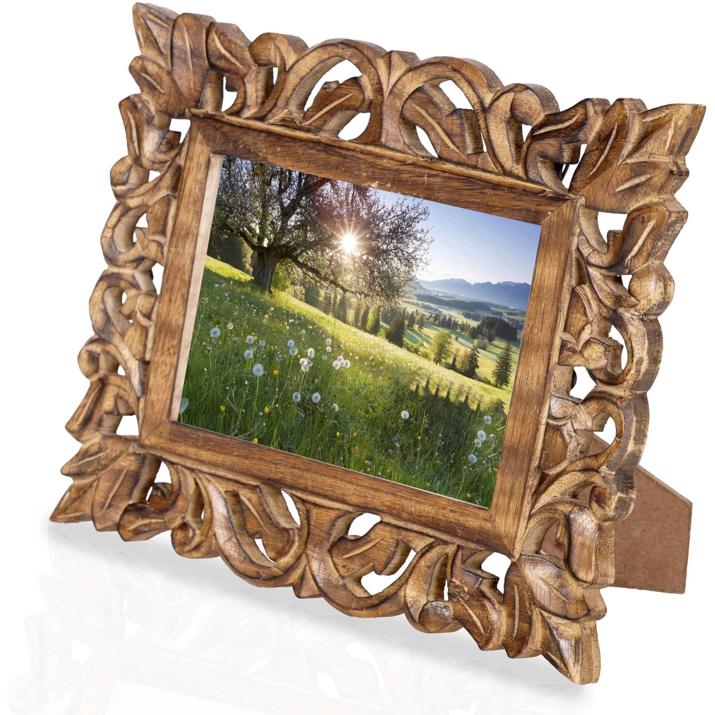 Indostrides Hand Carved Mango Wood Rustic 5X7 Picture Frame With Real Glass - Aesthetic Vintage Wood Frame For Tabletop And Wall Mount Use - Rustic Home Decor Perfect For Your Memories