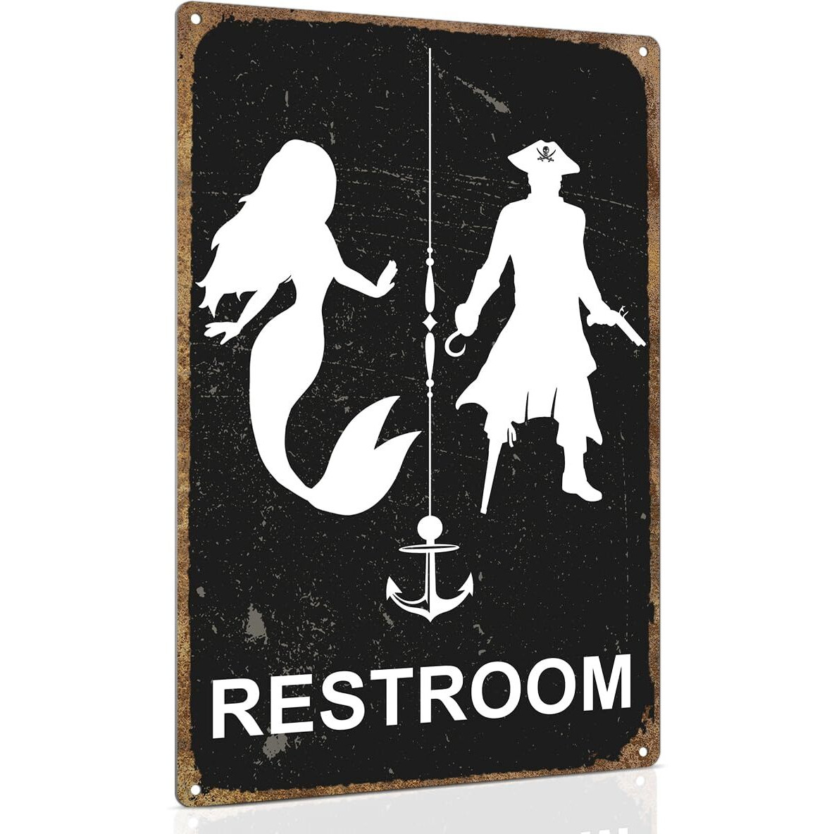 Alkb Nautical Themed Vintage Restroom Door Sign Fun Mermaid And Pirate Sign Suitable For Ocean, Beach, Ship Themed Wall Decor 8X12 Inch