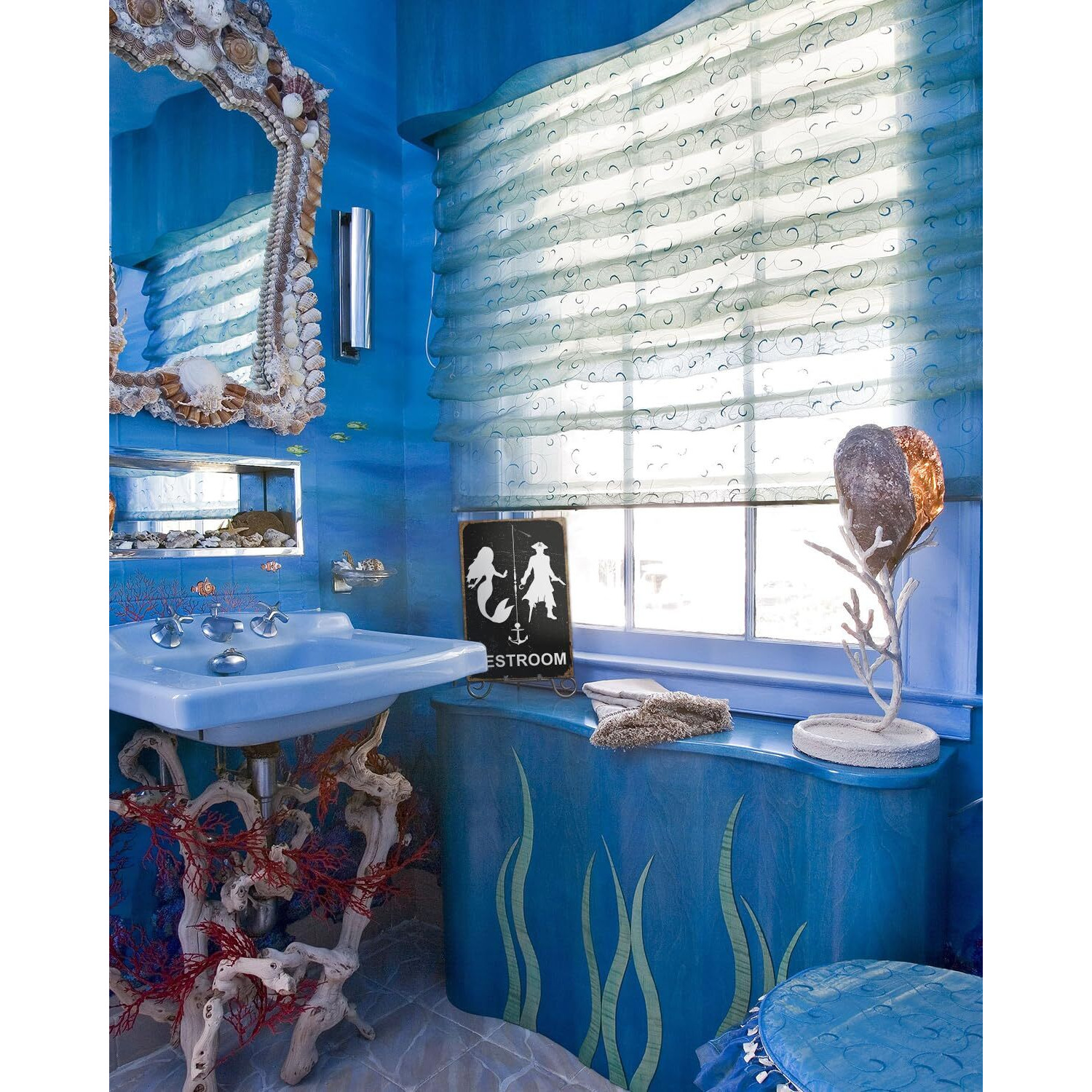 Alkb Nautical Themed Vintage Restroom Door Sign Fun Mermaid And Pirate Sign Suitable For Ocean, Beach, Ship Themed Wall Decor 8X12 Inch