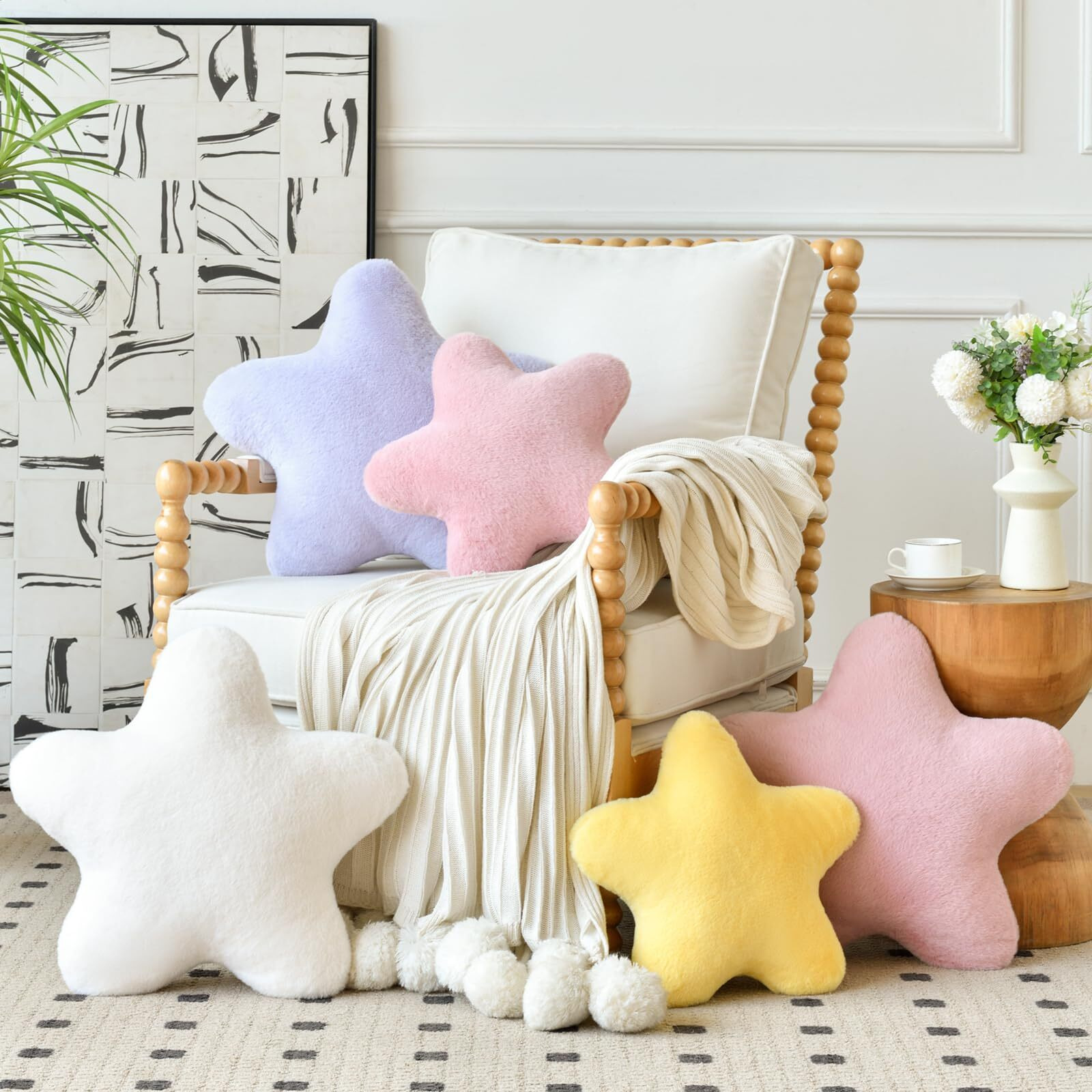 Xiashrk Star Pillow, Decorative Throw Pillows For Bed Couch, 19.6" Star Shaped Pillow Plush Floor Cushions Room Decor Pillow With Soft Faux Rabbit Fur For Sofa Bedroom Living Room