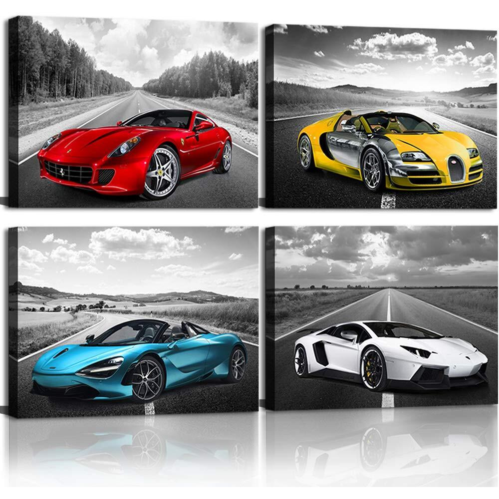 Car Poster Decor Black And White Wall Art Framed Car Art For Teen Boys Man Bedroom Dcor Sports Posters Ferrari Lamborghini Mclaren Bugatti Canvas Posters For Office Room Decor Gift For Teen Boys