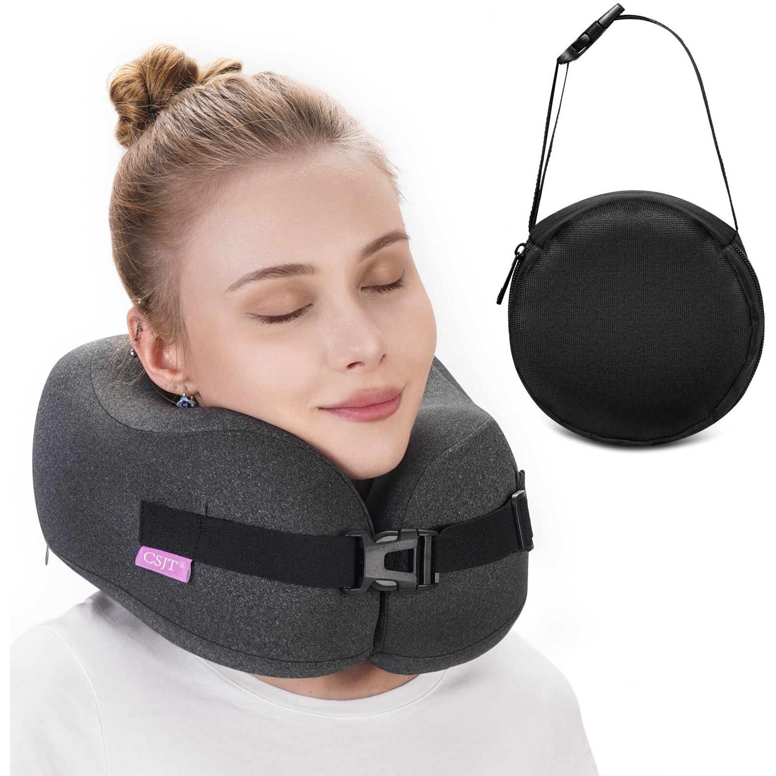 Csjt Travel Pillow Vac Compressed Memory Foam Neck Pillow Airplane,Comfortable,Neck Support,Machine Washable,Airplanes Travel Essentials Accessories For Office,Flight,Cars Breaks Sleeping(Black)