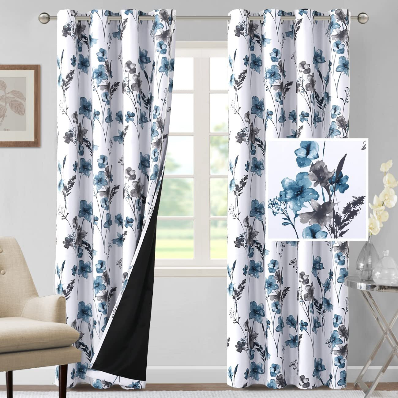 H.Versailtex 100% Blackout Curtains 96 Inch Length 2 Panels Set Cattleya Floral Printed Drapes Leah Floral Thermal Curtains For Bedroom With Black Liner Sound Proof Curtains, Grey And Blue