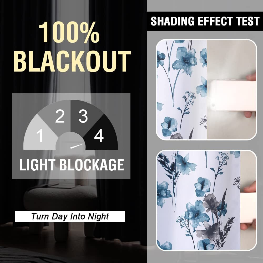 H.Versailtex 100% Blackout Curtains 96 Inch Length 2 Panels Set Cattleya Floral Printed Drapes Leah Floral Thermal Curtains For Bedroom With Black Liner Sound Proof Curtains, Grey And Blue