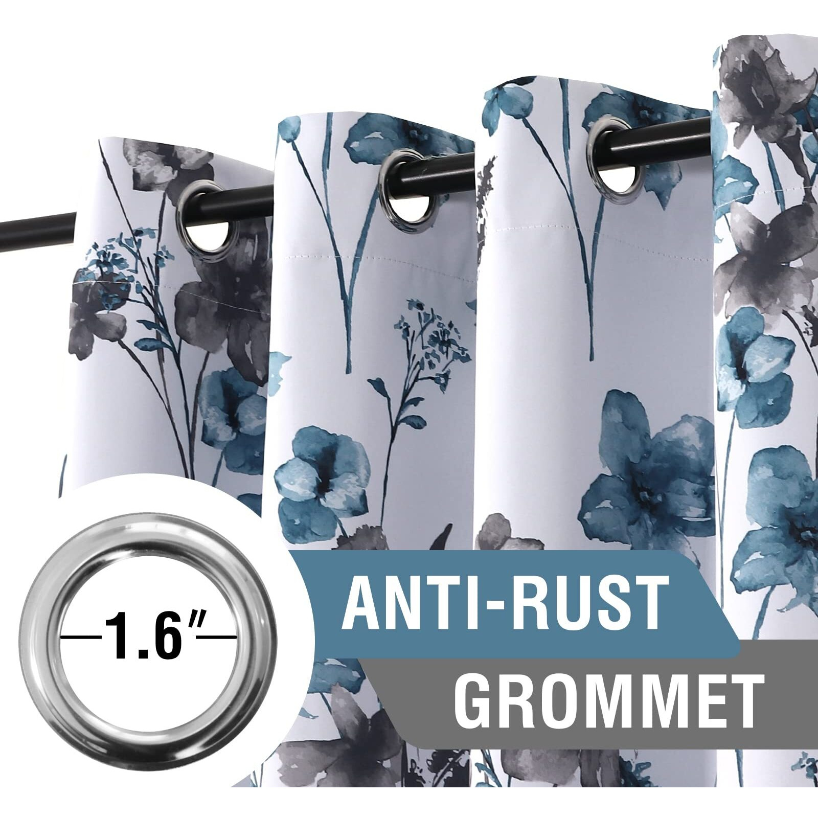 H.Versailtex 100% Blackout Curtains 96 Inch Length 2 Panels Set Cattleya Floral Printed Drapes Leah Floral Thermal Curtains For Bedroom With Black Liner Sound Proof Curtains, Grey And Blue