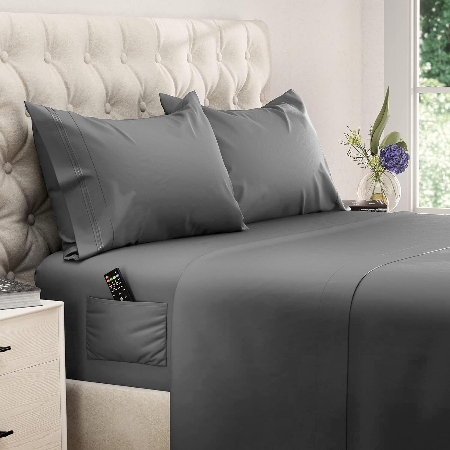 Dreamcare Twin Xl Sheet Sets - Cooling Bed Sheets - 4Pcs Set - Up To 15&quot Deep Pocket Twin Xl Sheets - Xl Twin Sheet Set - Soft & Long Lasting 100% Fine Brushed Polyester With Side Pocket - Dark Gray