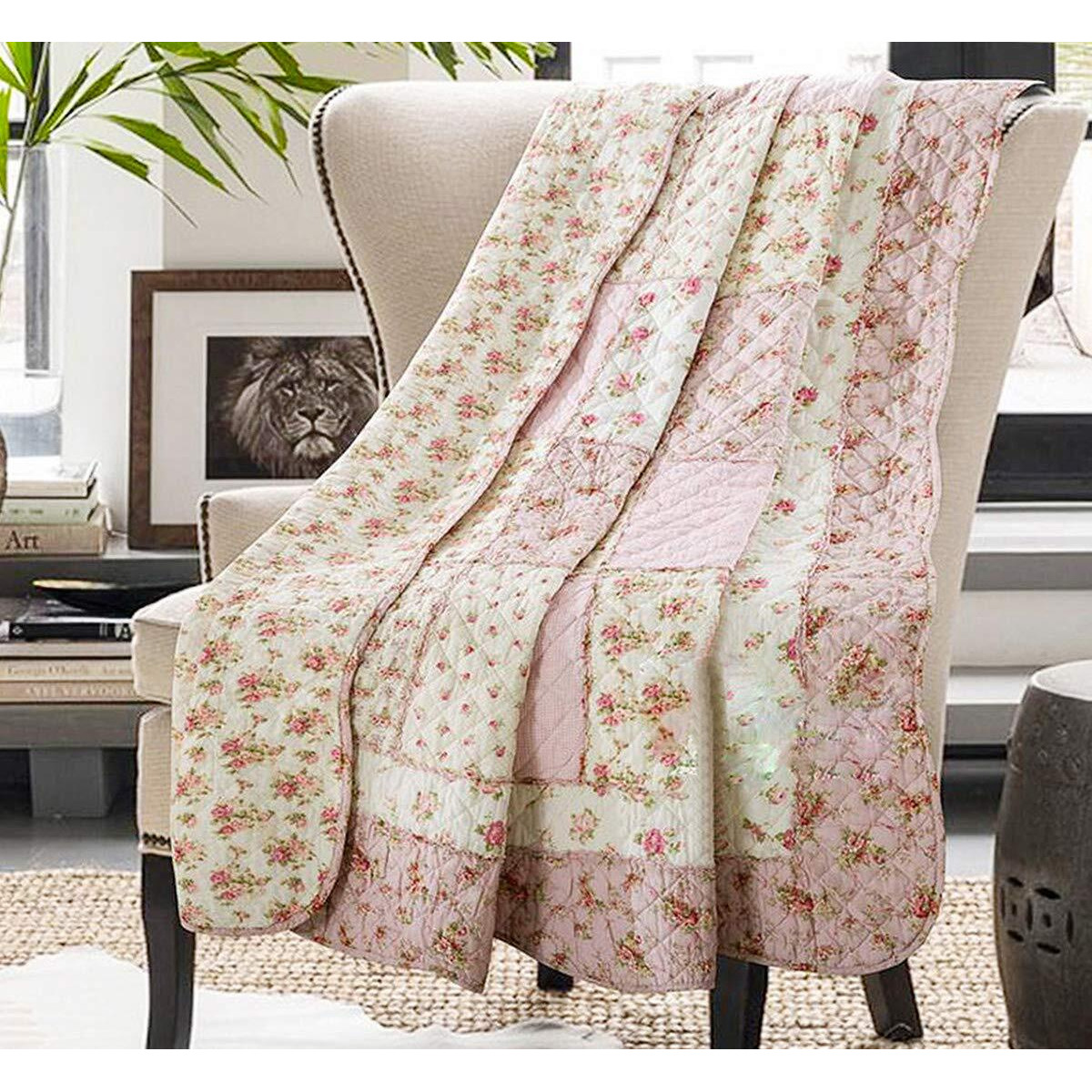 Cozyholy Original 100% Cotton Patchwork Quilt Twin Size Pink Floral Bedspread Coverlet Reversible Vintage Shabby Chic Quilted Throw Blanket Bed Quilt Cover For Couch Sofa