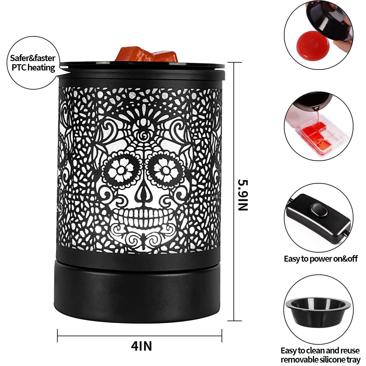 Enaroma Skull Black Electric Fragrance Wax Melts Warmer Oil Melter Scented Tart Burner For Home Decor