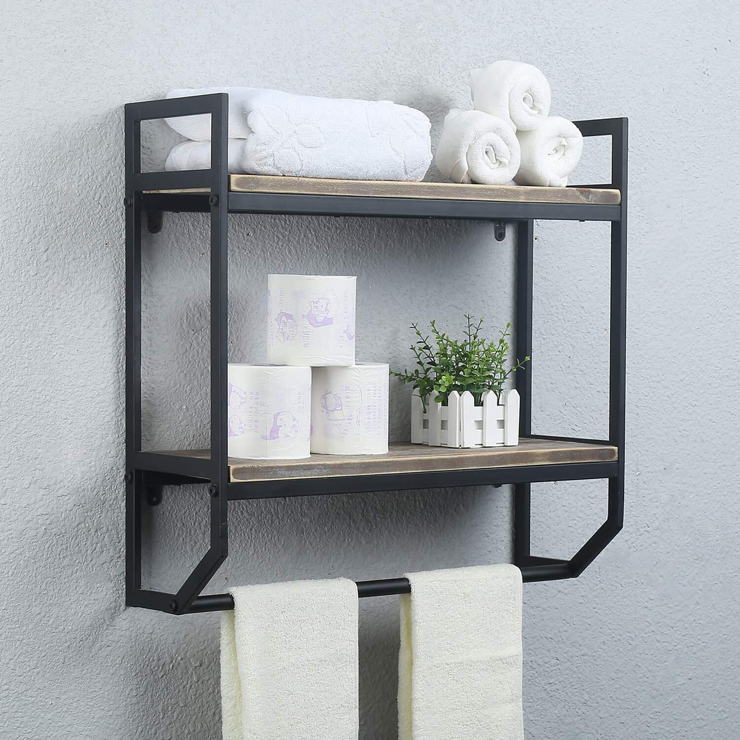 2-Tier Metal Industrial 23.6" Bathroom Shelves Wall Mounted,Rustic Wall Shelf Over Toilet,Towel Rack With Towel Bar,Utility Storage Shelf Rack, Floating Shelves Towel Holder,Black Brush Silver