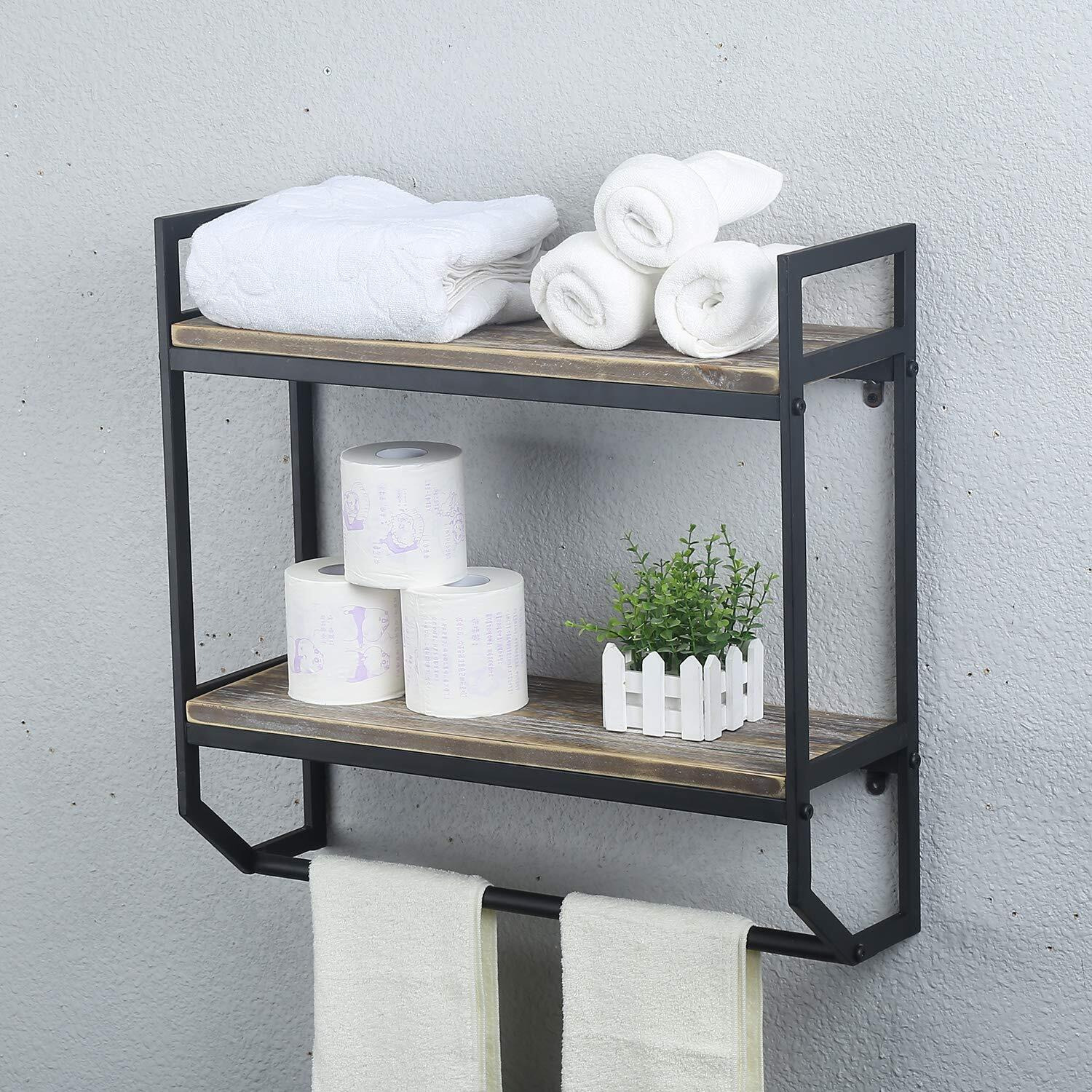 2-Tier Metal Industrial 23.6" Bathroom Shelves Wall Mounted,Rustic Wall Shelf Over Toilet,Towel Rack With Towel Bar,Utility Storage Shelf Rack, Floating Shelves Towel Holder,Black Brush Silver
