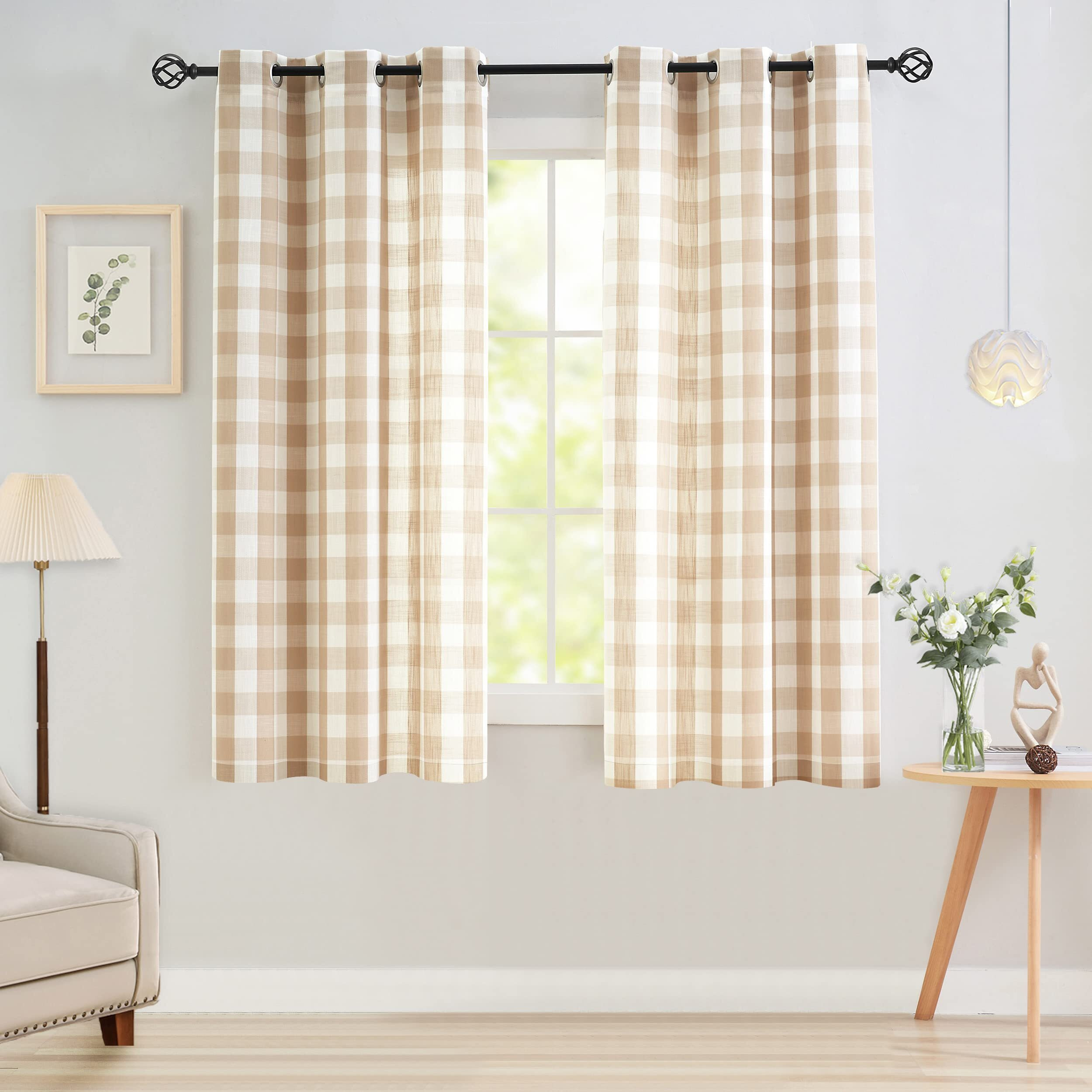 Jubilantex Tan White Buffalo Check Semi Sheer Curtain Panels Gingham Plaid Textured Curtains Drapery,Farmhouse Grommet Window Drapes For Living Room Bedroom Kids Room,2 Panels,Beige,40&quotX54"