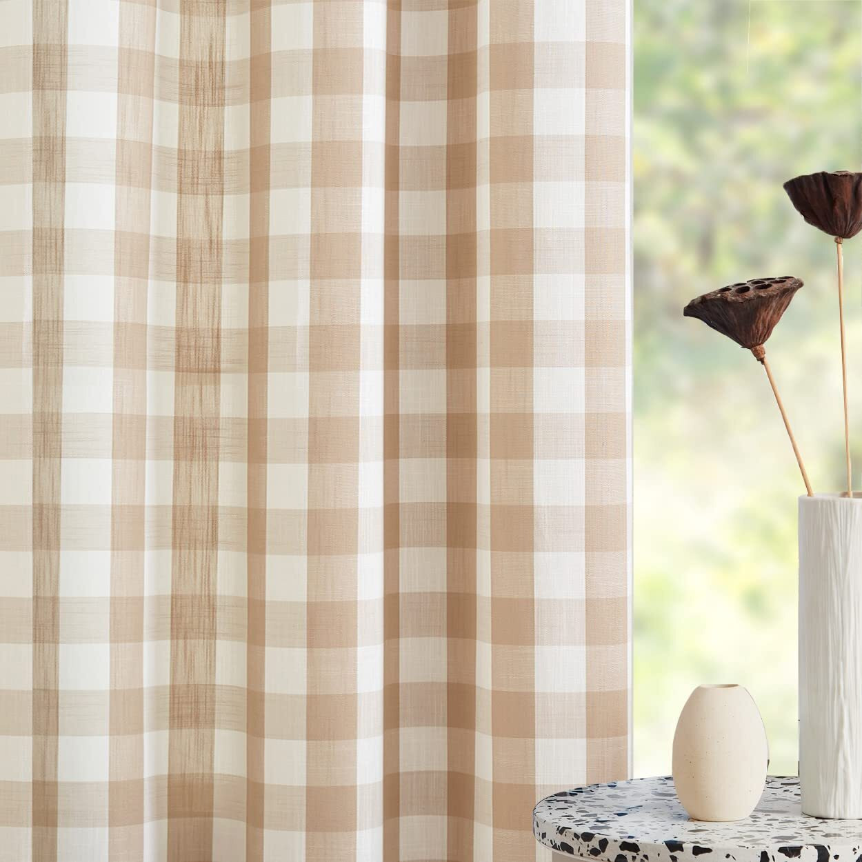 Jubilantex Tan White Buffalo Check Semi Sheer Curtain Panels Gingham Plaid Textured Curtains Drapery,Farmhouse Grommet Window Drapes For Living Room Bedroom Kids Room,2 Panels,Beige,40&quotX54"