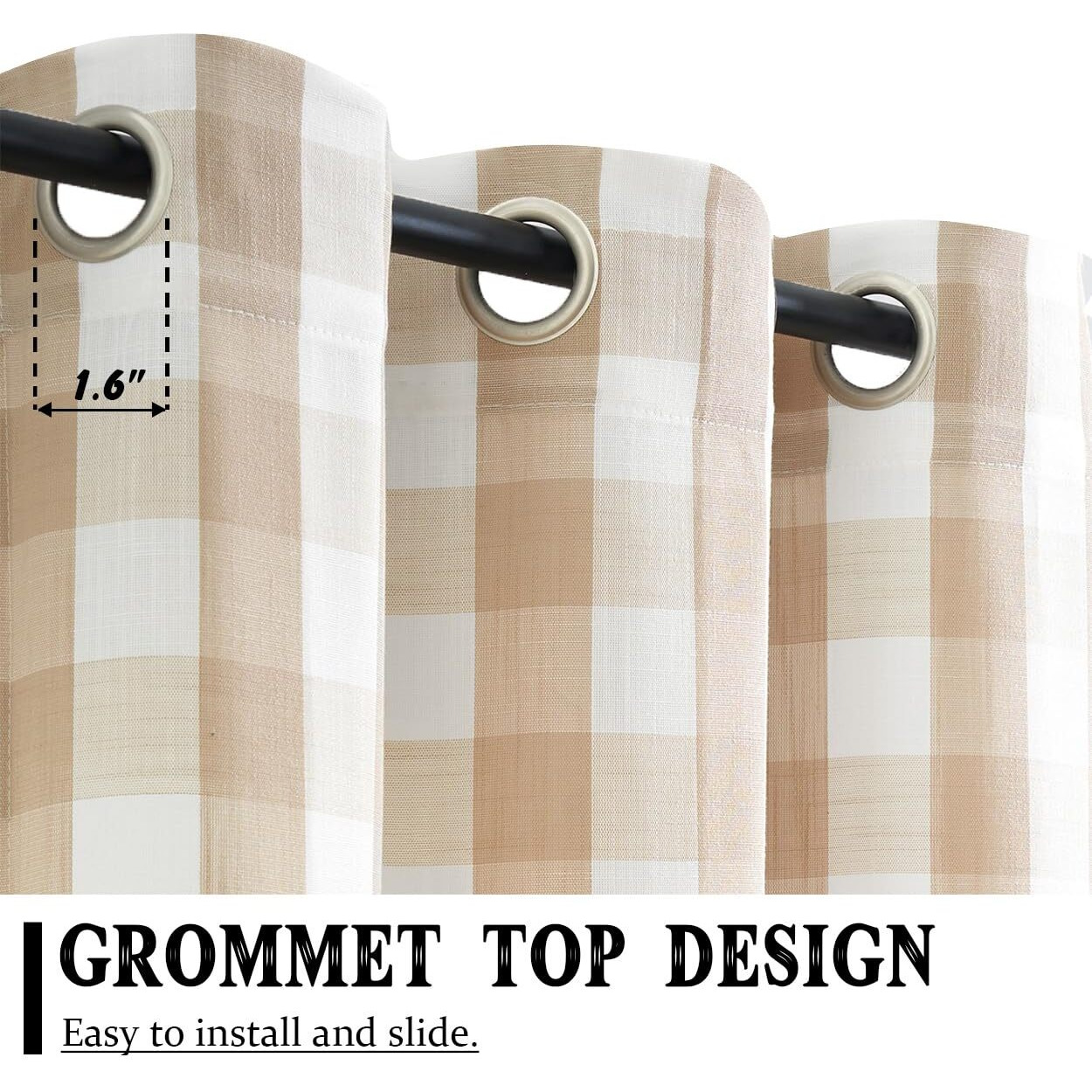 Jubilantex Tan White Buffalo Check Semi Sheer Curtain Panels Gingham Plaid Textured Curtains Drapery,Farmhouse Grommet Window Drapes For Living Room Bedroom Kids Room,2 Panels,Beige,40&quotX54"