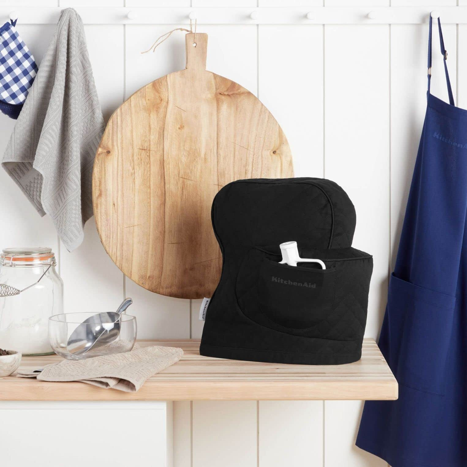 Kitchenaid Fitted Tilt-Head Solid Stand Mixer Cover With Storage Pocket, Quilted 100% Cotton, Onyx Black, 14.4&quotX18&quotX10"