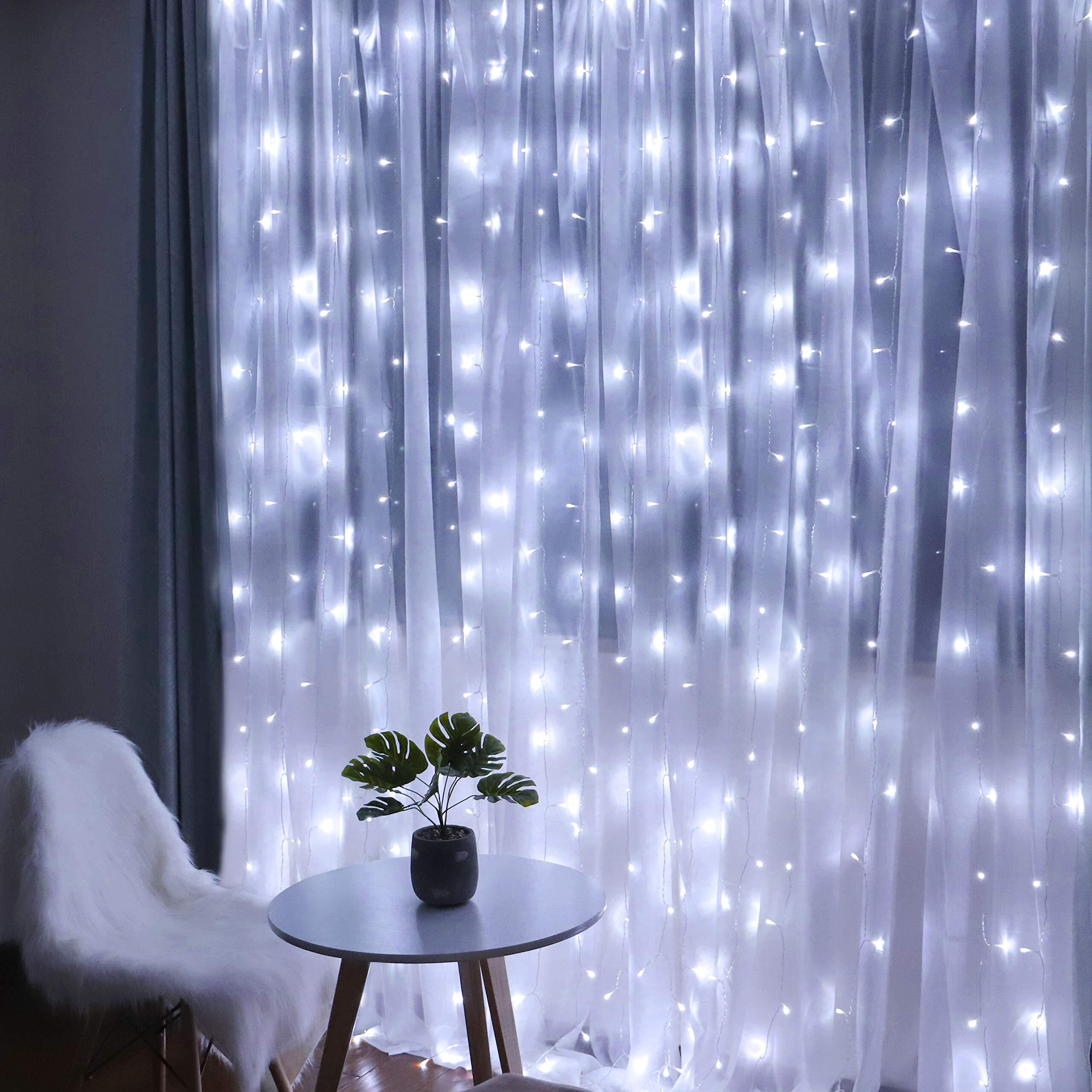 Fiee Fairy Curtain Lights,304 Led 9.8Ftx9.8Ft 30V 8Modes Safety Window Light With Memory For Home Wedding Christmas Party Family Patio Lawn Garden Bedroom Outdoor Indoor Wall Decorations(Cool White)
