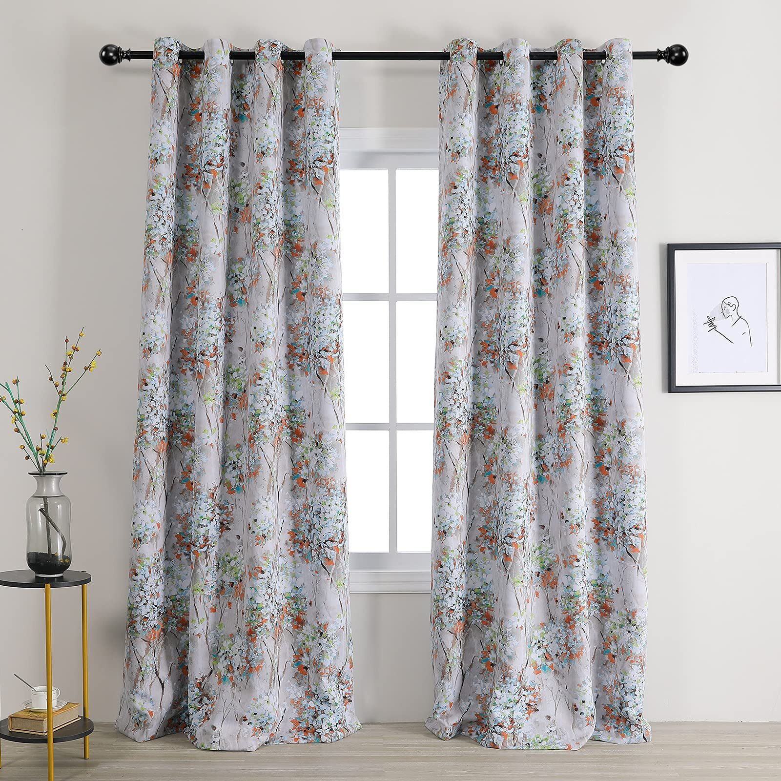 Mysky Home Curtains 108 Inch Length 2 Panels For Living Room Bedroom Thermal Insulated Orange Floral Room Darkening Curtains Grommet Vintage Curtains Decorative Curtains Orange And Green