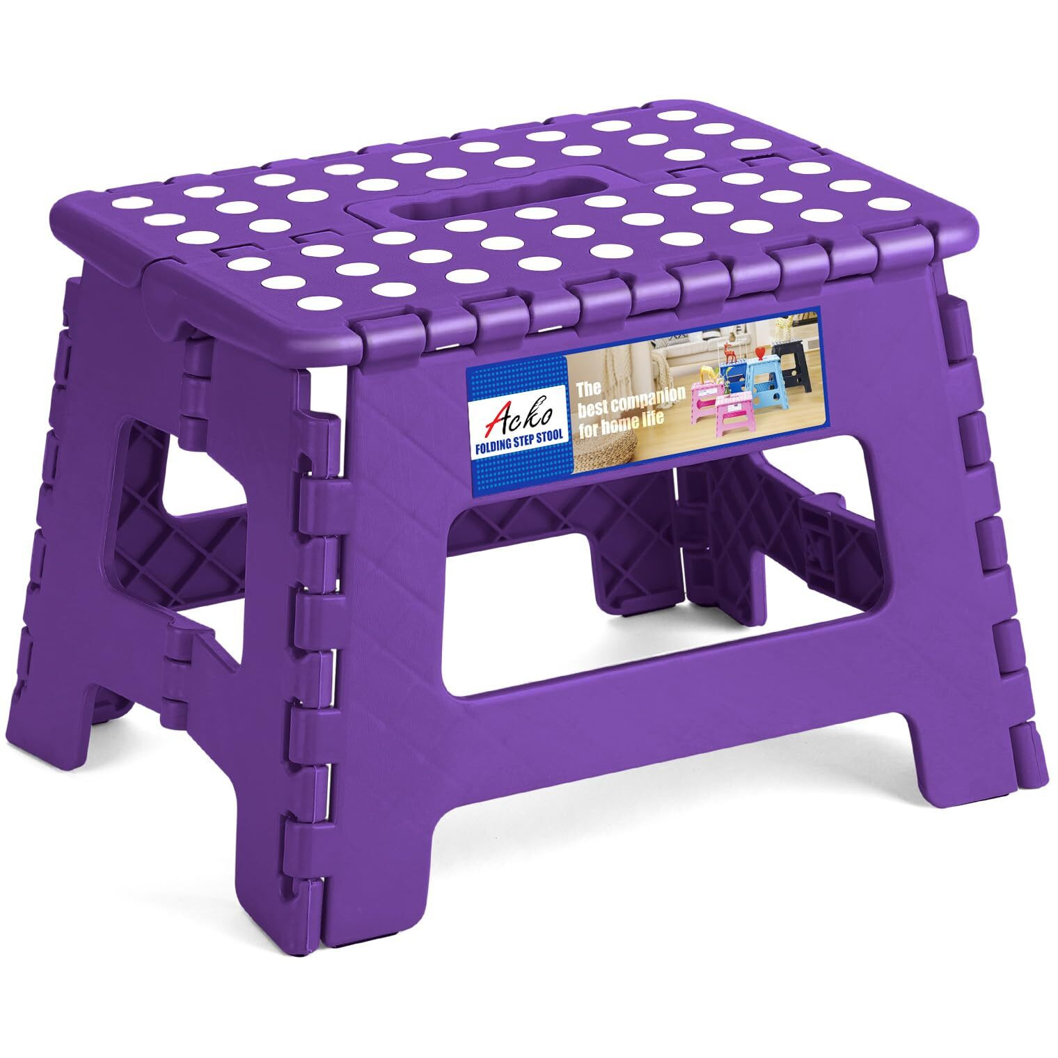 Acko Folding Step Stool 9 Inch Step Stool 300 Lb Capacity Plastic Foldable Step Stools For Kids And Adults, Folding Stool Suitable For Kitchen, Stepping Stool With Handle Purple Small Step Stool 1Pc