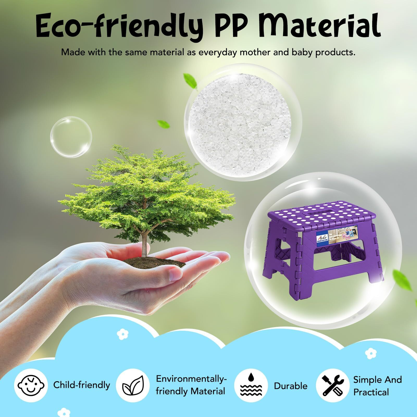 Acko Folding Step Stool 9 Inch Step Stool 300 Lb Capacity Plastic Foldable Step Stools For Kids And Adults, Folding Stool Suitable For Kitchen, Stepping Stool With Handle Purple Small Step Stool 1Pc