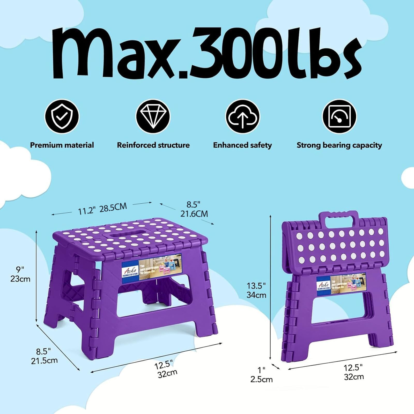 Acko Folding Step Stool 9 Inch Step Stool 300 Lb Capacity Plastic Foldable Step Stools For Kids And Adults, Folding Stool Suitable For Kitchen, Stepping Stool With Handle Purple Small Step Stool 1Pc