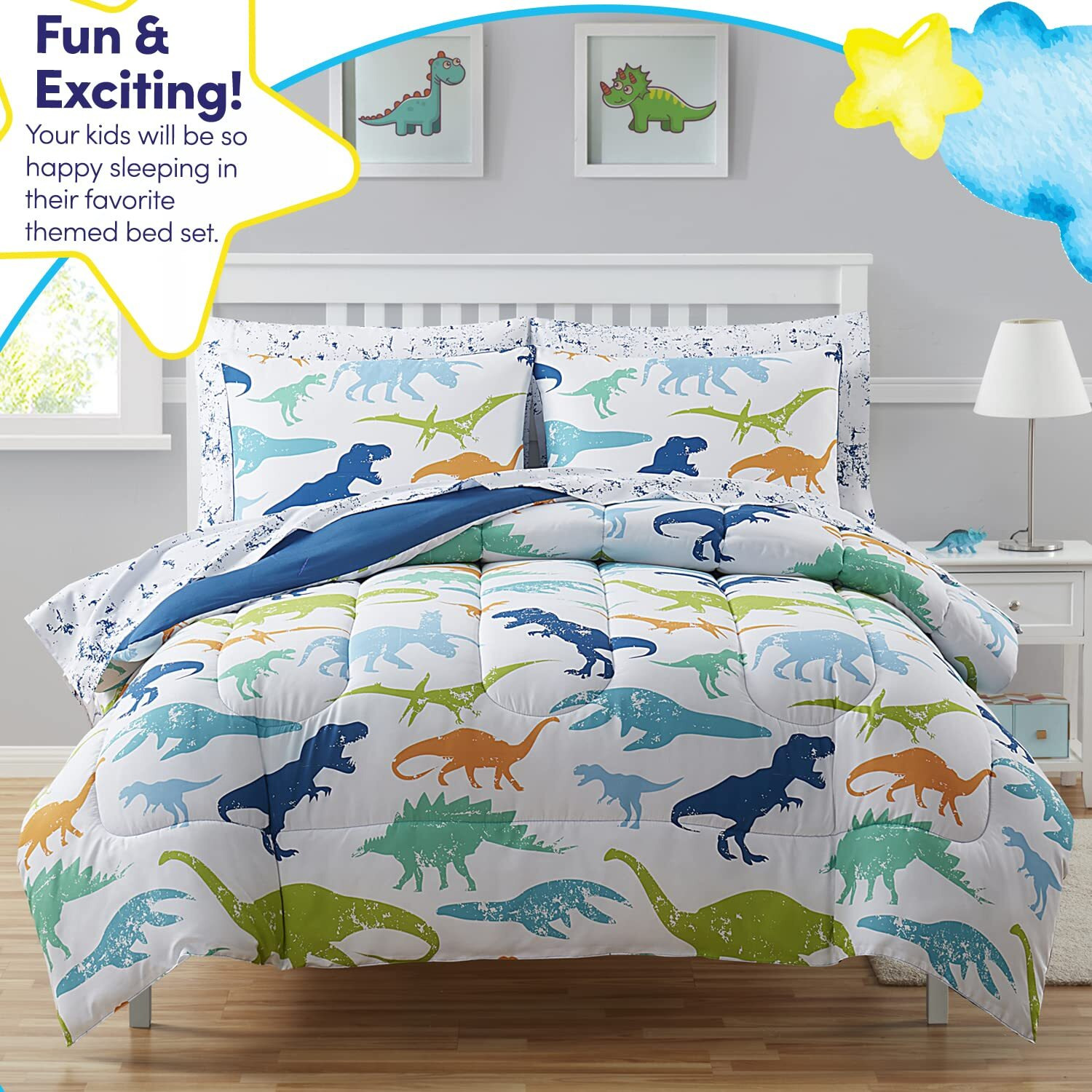 Kids Bedding Set Bed In A Bag For Boys And Girls Toddlers Printed Sheet Set And Comforter , Twin, Dinosaur