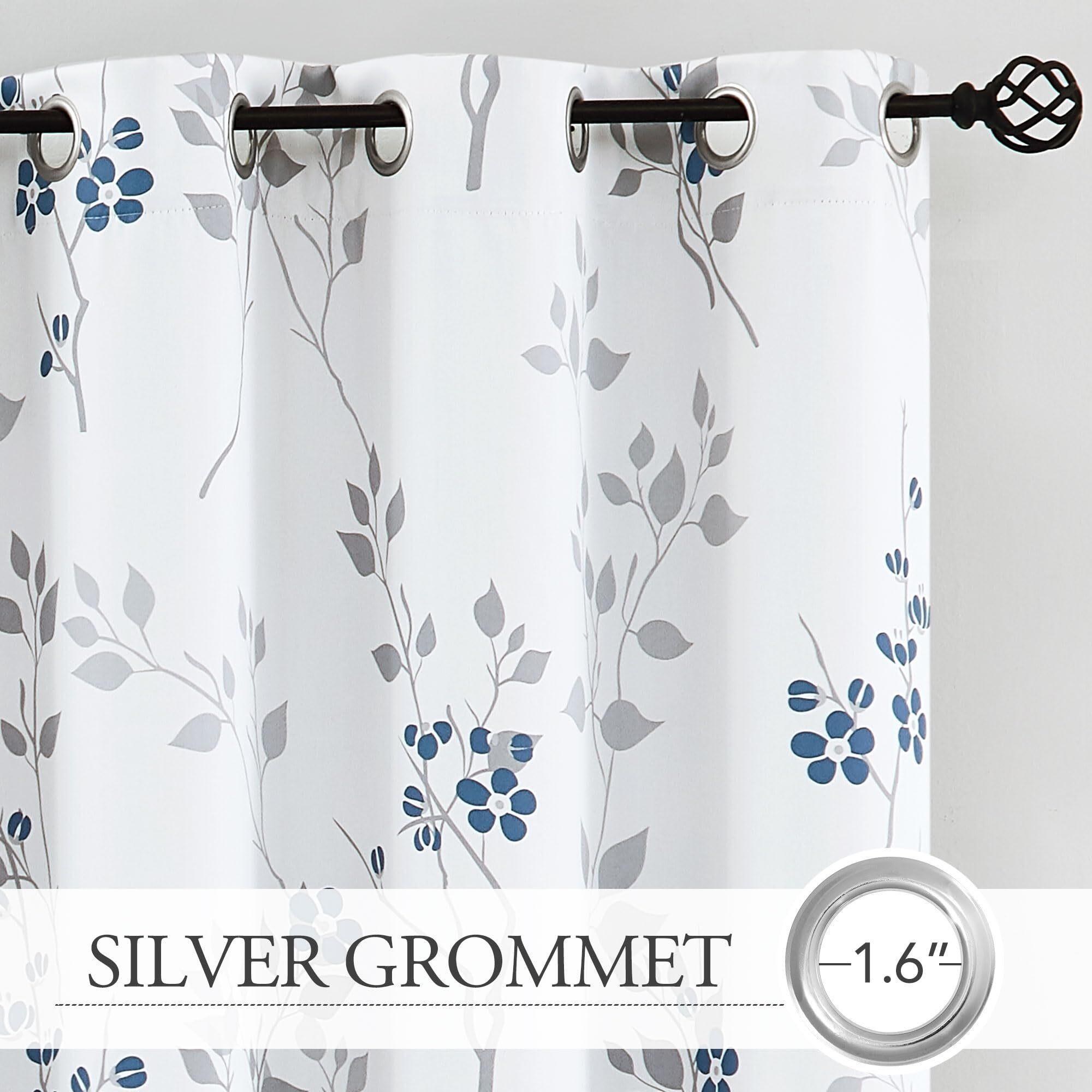 Beauoop Farmhouse Floral Blackout Curtain - Thermal Insulated Noise Reducing Drapes For Bedroom/Living Room, Grommet Top, Set Of 2, 52W X 54L, White/Blue/Gray
