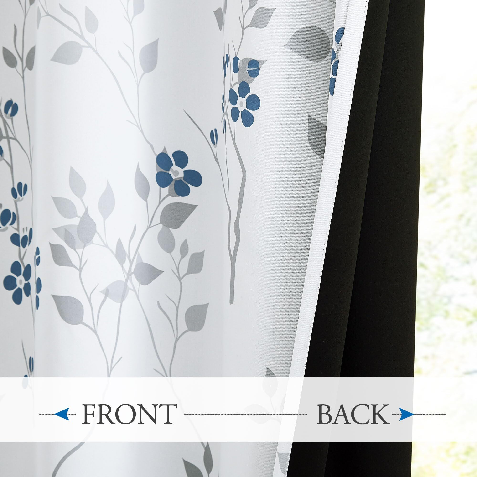 Beauoop Farmhouse Floral Blackout Curtain - Thermal Insulated Noise Reducing Drapes For Bedroom/Living Room, Grommet Top, Set Of 2, 52W X 54L, White/Blue/Gray