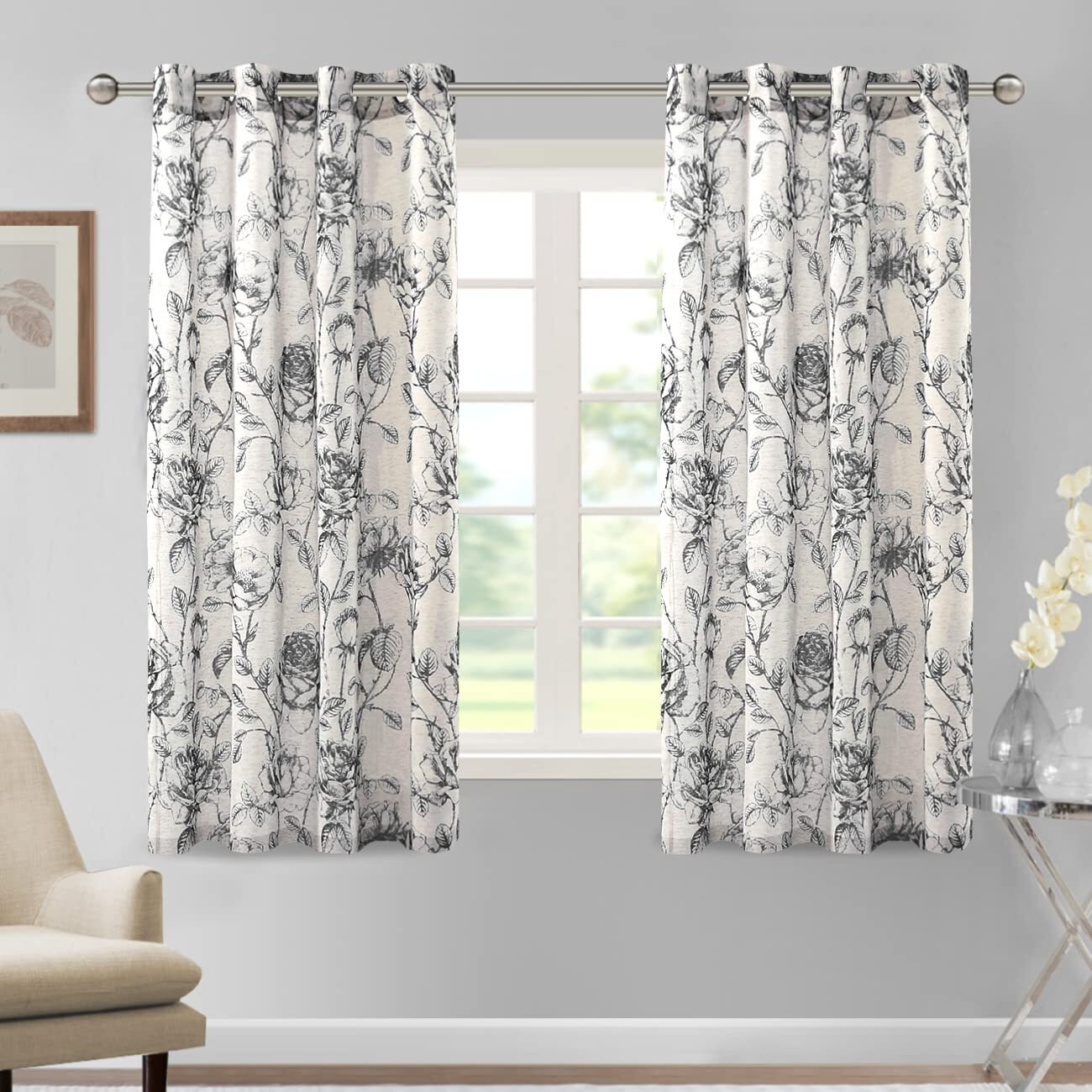 H.Versailtex Linen Curtains Natural Linen Blended Curtain Panels For Living Room/Light Reducing Linen Sheer Curtains 63 Inch Length 2 Panels Set Pencil Sketch Style Floral Panels, Black