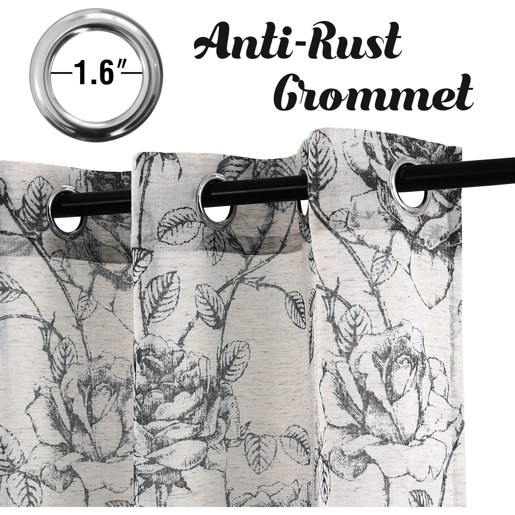 H.Versailtex Linen Curtains Natural Linen Blended Curtain Panels For Living Room/Light Reducing Linen Sheer Curtains 63 Inch Length 2 Panels Set Pencil Sketch Style Floral Panels, Black