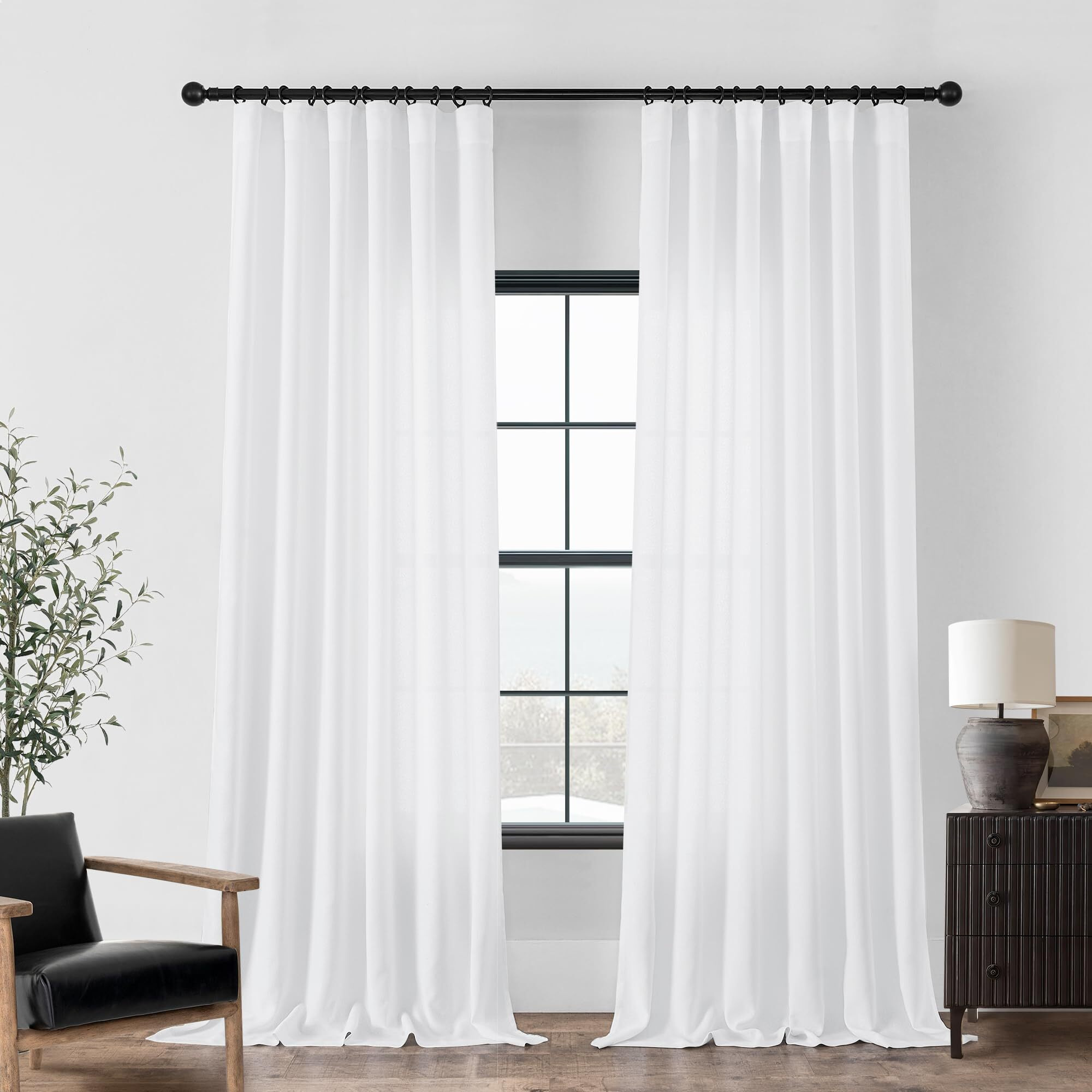 Dukiyo Linen White Curtains 98 Inches Long For Living Room Bedroom Farmhouse Boho Rod Pocket Belt Tape With Hooks Semi Sheer Drapes Privacy Light Filtering Curtain 98 Inch Length For Nursery Laundry