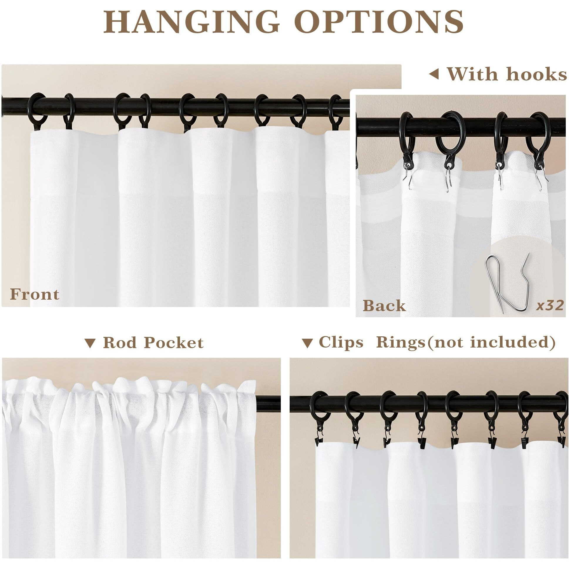 Dukiyo Linen White Curtains 98 Inches Long For Living Room Bedroom Farmhouse Boho Rod Pocket Belt Tape With Hooks Semi Sheer Drapes Privacy Light Filtering Curtain 98 Inch Length For Nursery Laundry