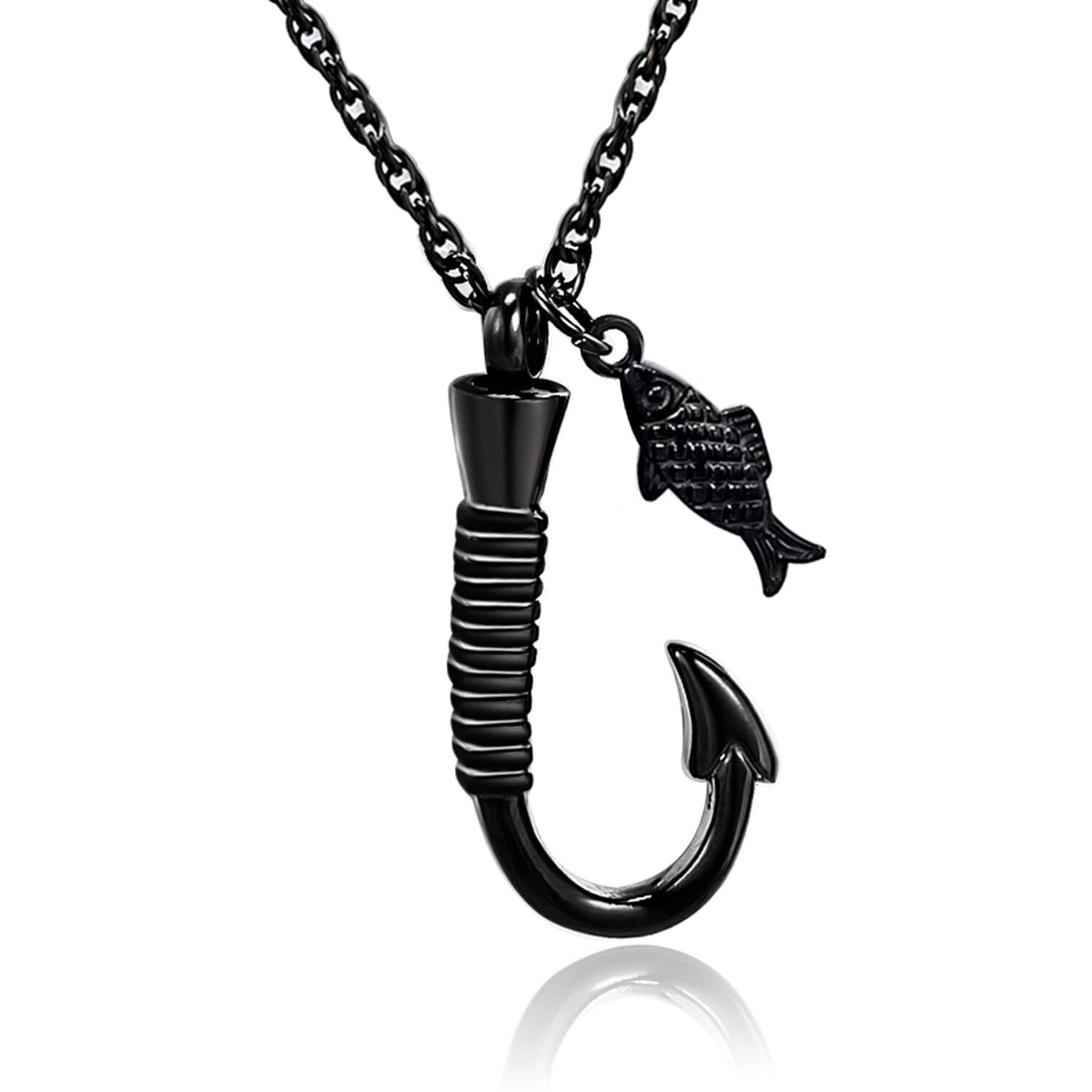 Fish Hook Cremation Urn Pendant Memorial Necklace For Ashes Fish Urn Cremation Necklace (Black)