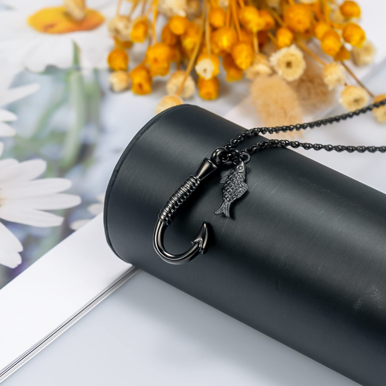 Fish Hook Cremation Urn Pendant Memorial Necklace For Ashes Fish Urn Cremation Necklace (Black)