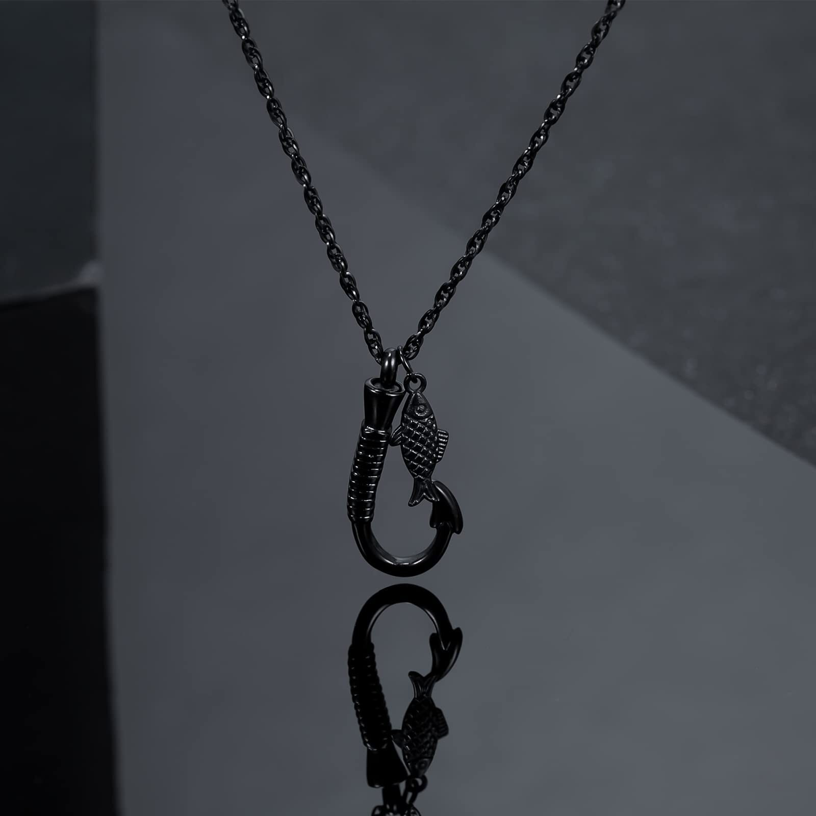 Fish Hook Cremation Urn Pendant Memorial Necklace For Ashes Fish Urn Cremation Necklace (Black)