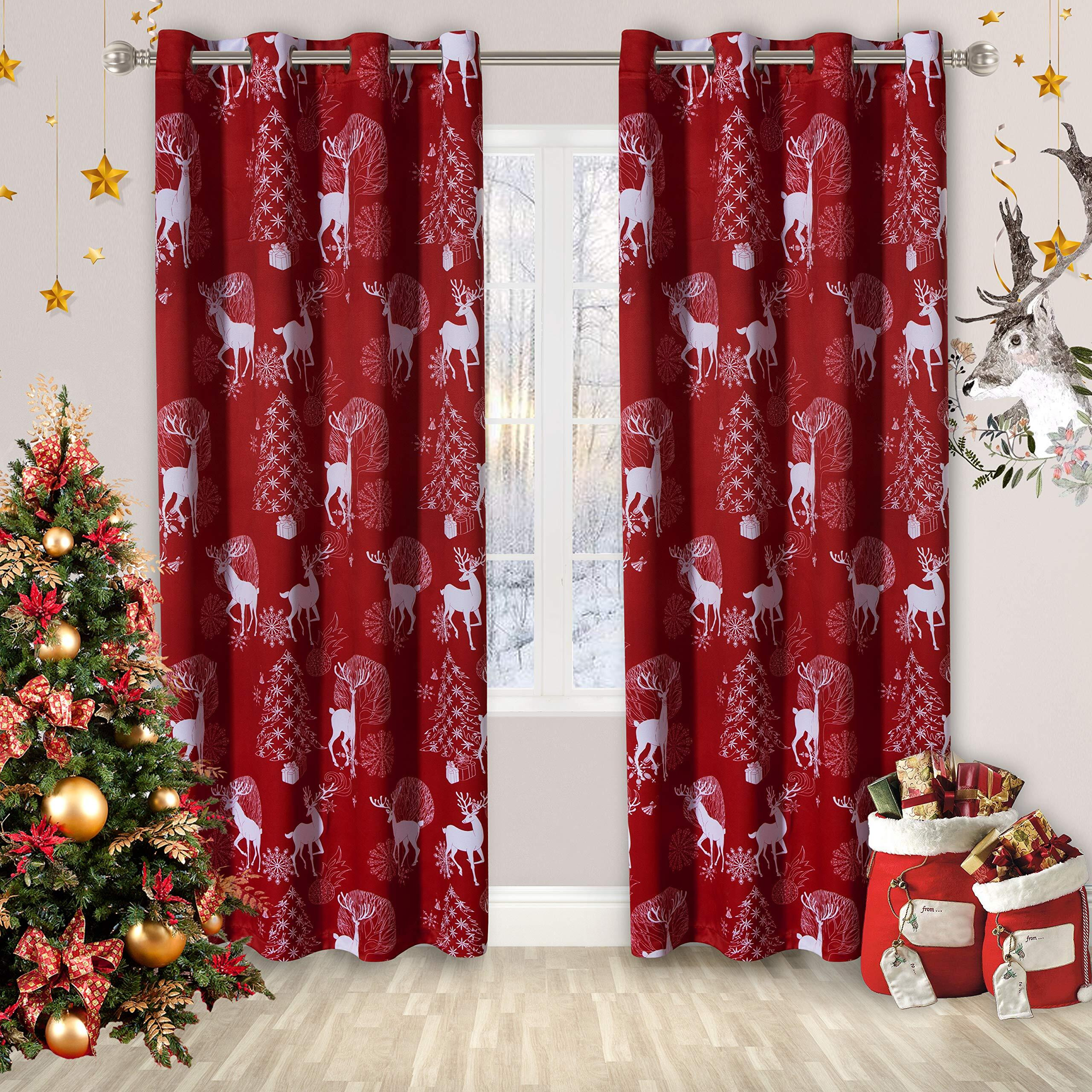 Lordtex Deer & Snow Print Christmas Curtains For Living Room And Bedroom - Thermal Insulated Blackout Curtains, Noise Reducing Window Drapes, 52 X 95 Inches Long, Burgundy Red, 2 Curtain Panels