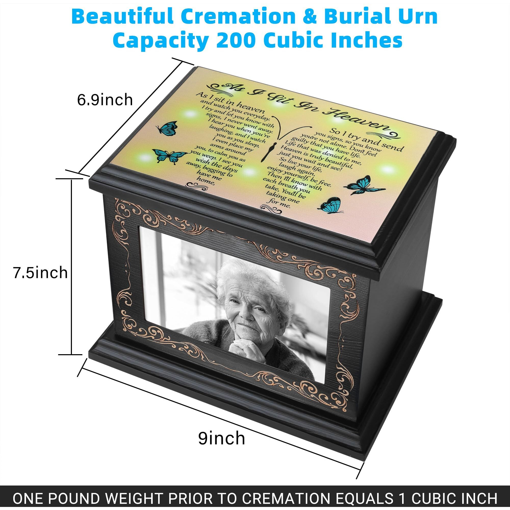 Cremation Urns For Human Ashes Adult Male Or Female, Funeral Memorial Urns For Ashes With Photo Frame, Wooden Urns Box And Casket For Men Women, Burial Urn For Adults Up To 200 Ibs